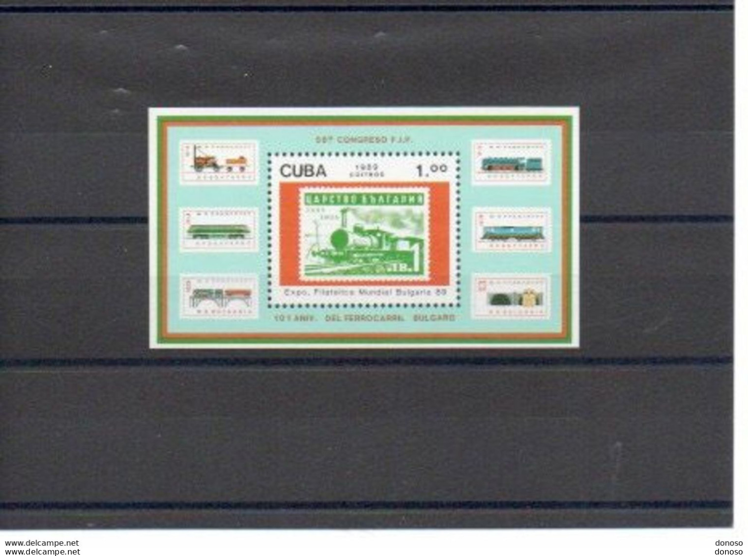 CUBA 1989 TRAINS TIMBRES SUR TIMBRES Yvert BF 114, Michel Block 115 NEUF** MNH - Blokken & Velletjes