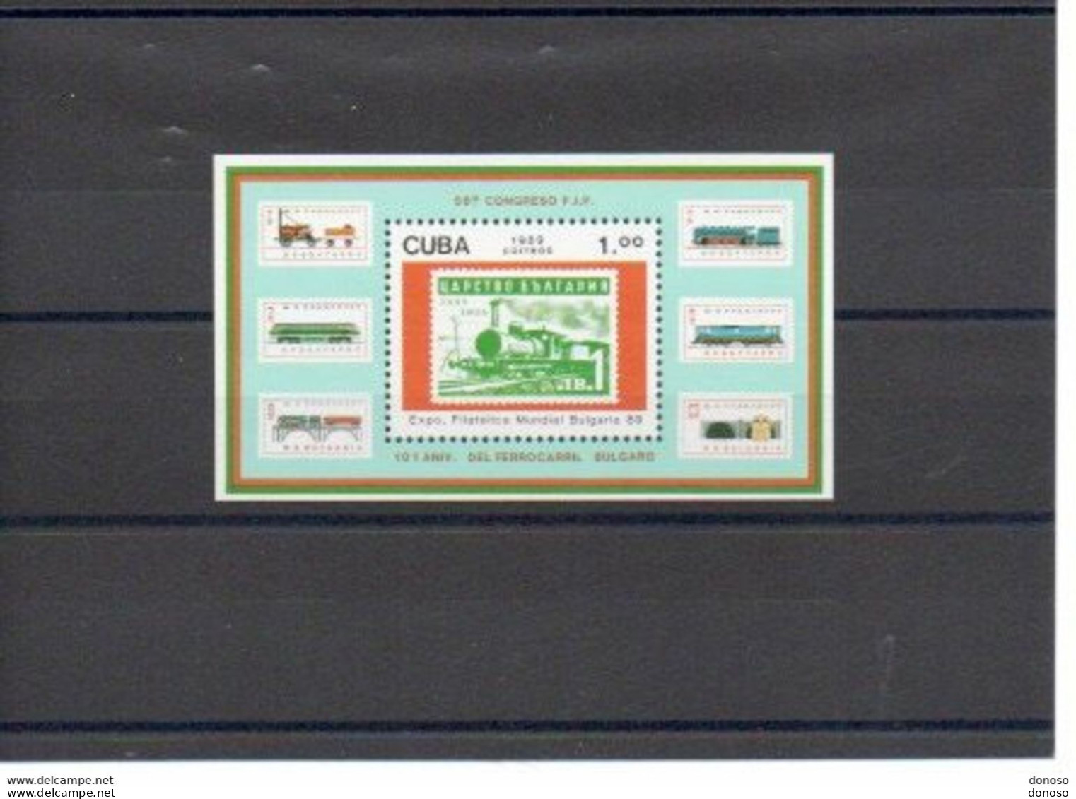 CUBA 1989 TRAINS TIMBRES SUR TIMBRES Yvert BF 114, Michel Block 115 NEUF** MNH - Hojas Y Bloques