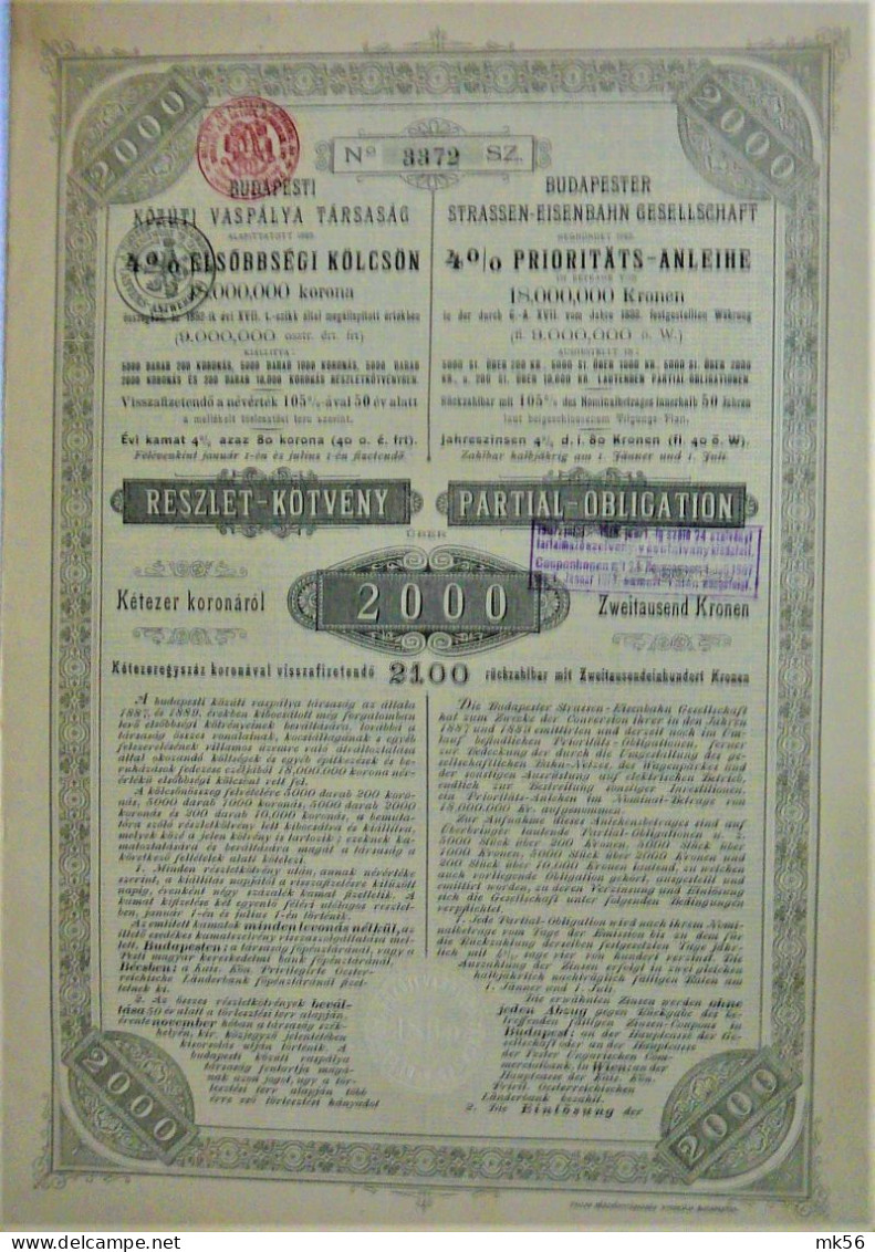 Budapester Strassen-Eisenb.Ges.- 4% Priorit.anl. 2000 Kron (1895) - Railway & Tramway