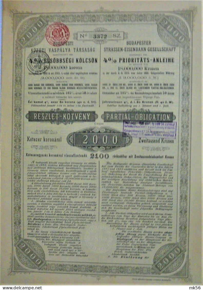 Budapester Strassen-Eisenb.Ges.- 4% Priorit.anl. 2000 Kron (1895) - Ferrocarril & Tranvías