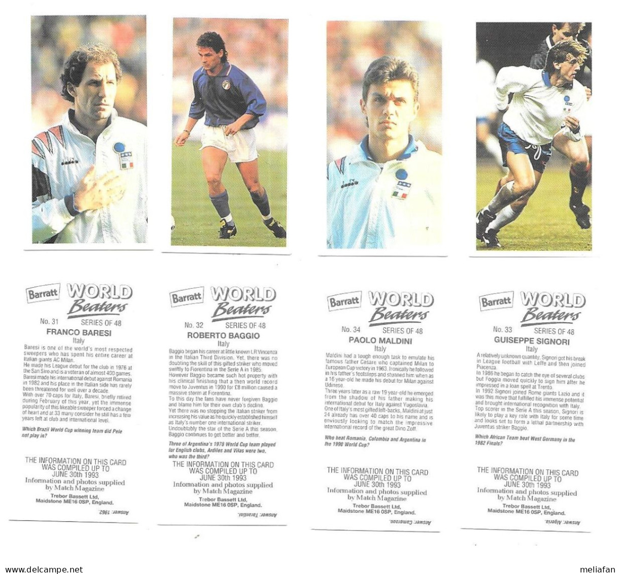 GF2103 - BASSETT CARDS - ROBERTO BAGGIO - PAOLO MALDINI - FRANCO BARESI - GIUSEPPE SIGNORI - SQAUDRA AZZURA - Tarjetas