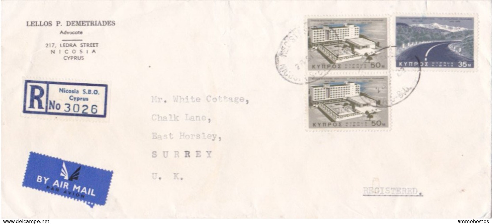 CYPRUS 1967 AIRMAIL REGISTERED COVER NICOSIA SBO UK 185 MILS RATE - Cipro (...-1960)