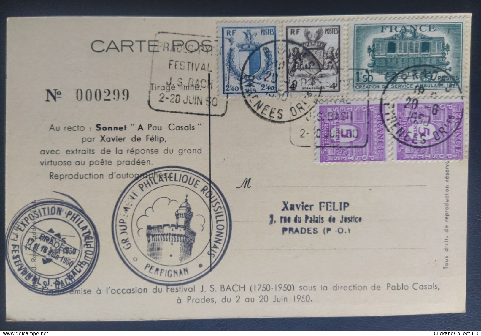 Daguin Prades Festival J S Bach Juin 1950 Flamme Omec Exposition Philatelique - Used Stamps