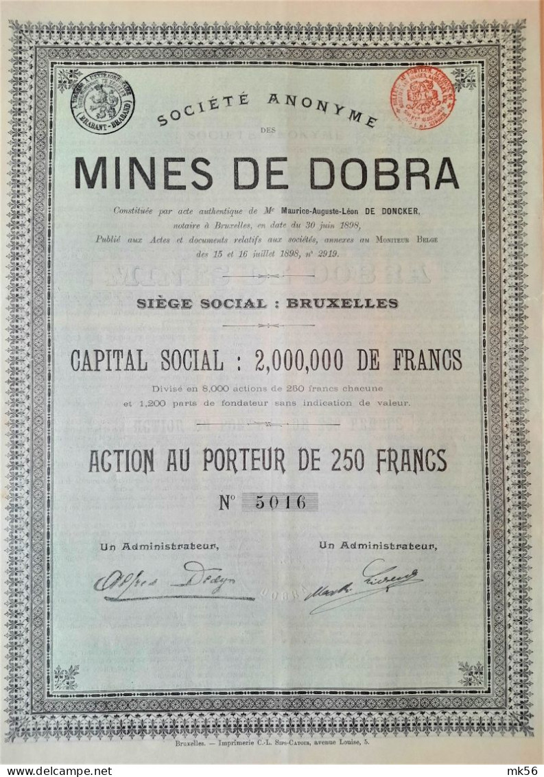 S.A. Mines De Dobra (1898 !! ) - Action Au Porteur De 250 Francs - Bruxelles - Mijnen