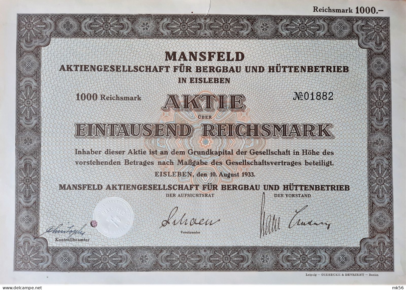 Mansfeld A.G. Für Bergbau Und Hüttenbetrieb In Eisleben - 1933 - Altri & Non Classificati