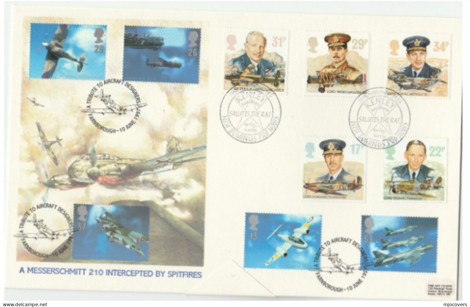 1 Single FDC Franked 10 Diff Stamp WWII Aircraft Designers RAF Aviation Cover Ilus Messerschmitt Spitfire GB Specal Pmks - Aviones