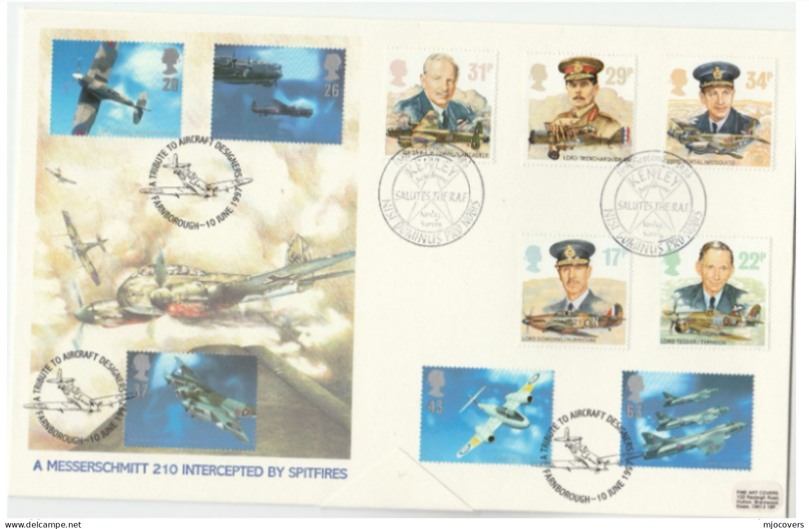 1 Single FDC Franked 10 Diff Stamp WWII Aircraft Designers RAF Aviation Cover Ilus Messerschmitt Spitfire GB Specal Pmks - Vliegtuigen