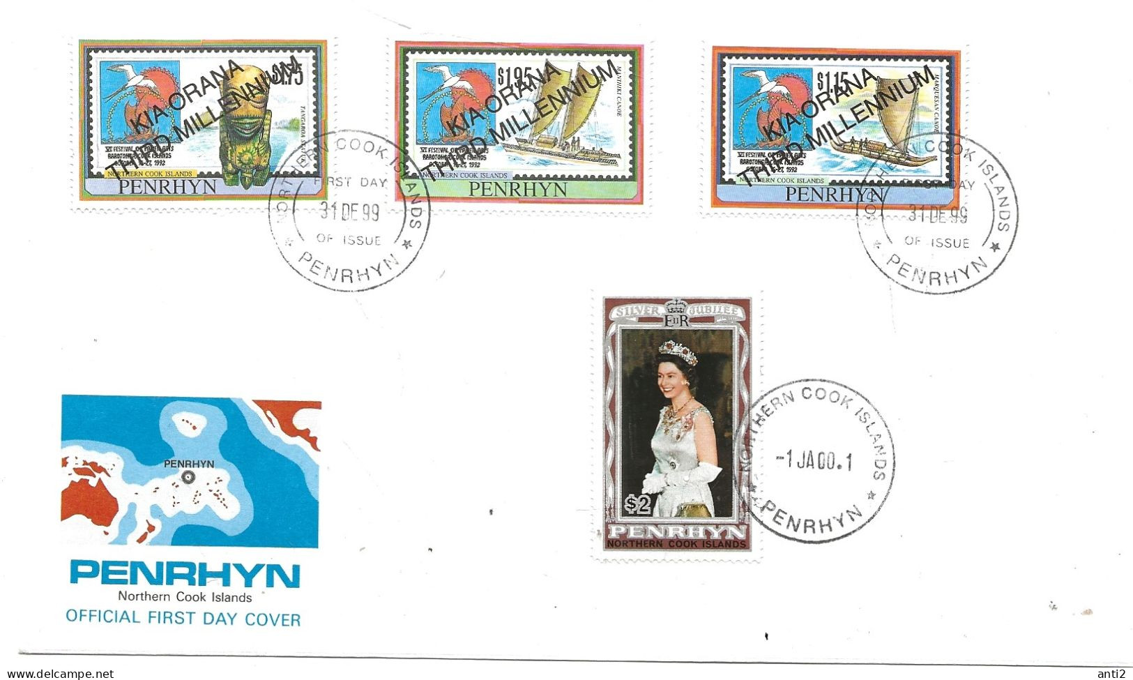 Penrhyn 1999-2000 Millennium / Elizabeth Mi  592-594 / 91 FDC  Cancelled 31.12.99/1.1.2000 - Penrhyn