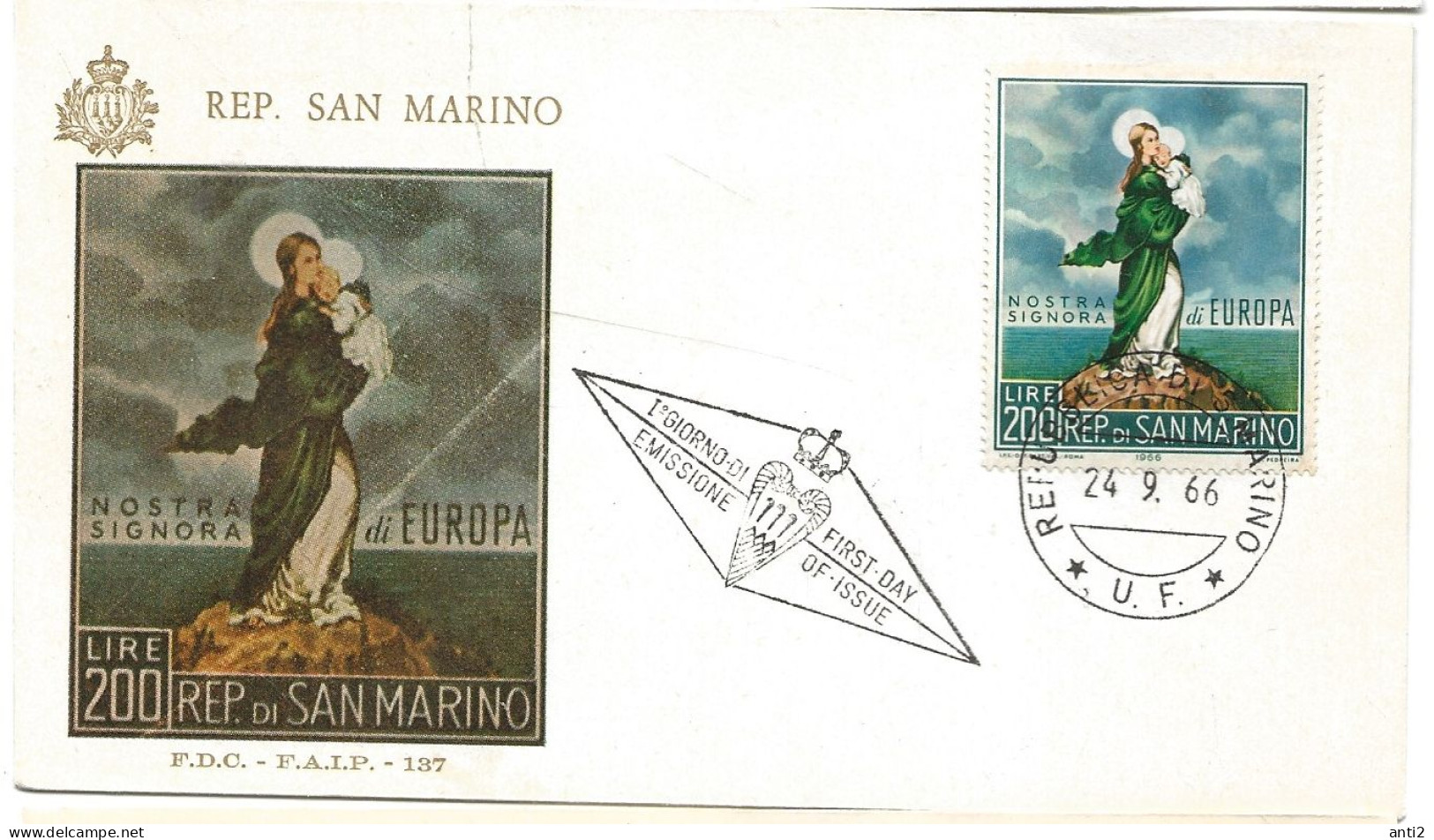 San Marino 1966 Our Lady Of Europe; Painting By Roberto Ferruzzi (1853-1934), Italian Painter  Mi 879 FDC - FDC