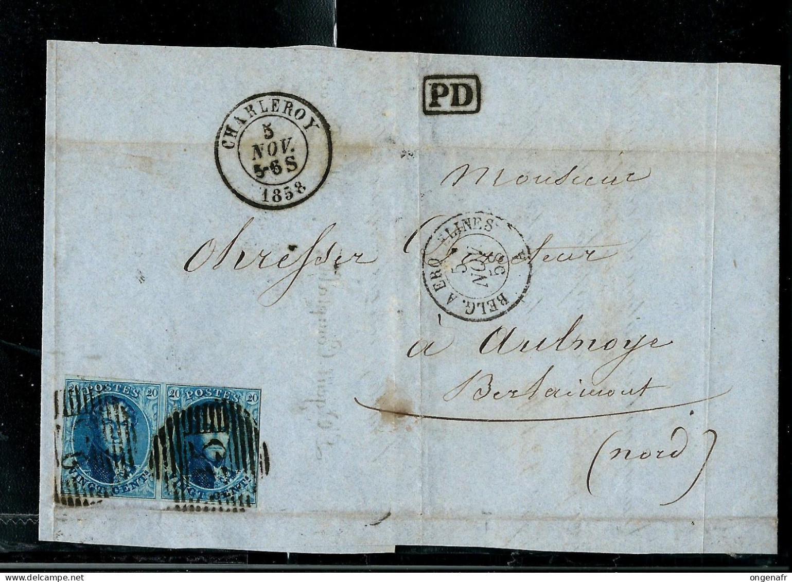 Doc. ( Devant)  Paire N° 11A  Obl. ? - Charleroy 05/11/1858 + Griffe PD Et Obl. Belg. A Erquelines - 1858-1862 Medallions (9/12)