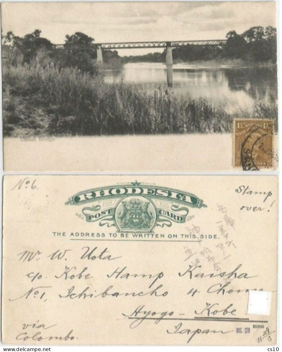 NICE TRAVEL !!! Rhodesia BSAC Umfuly Bridge B/w Pcard 21jan 1919 To Kobe Japan Via Colombo With 1 Stamp - Zimbabwe