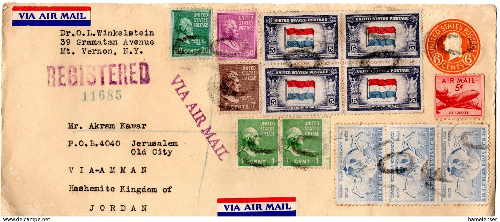L77227 - USA - 1954 - 6¢ GAU M ZusFrankatur Als R-LpBf MOUNT VERNON, NY -> JERUSALEM (Jordanien) - Brieven En Documenten