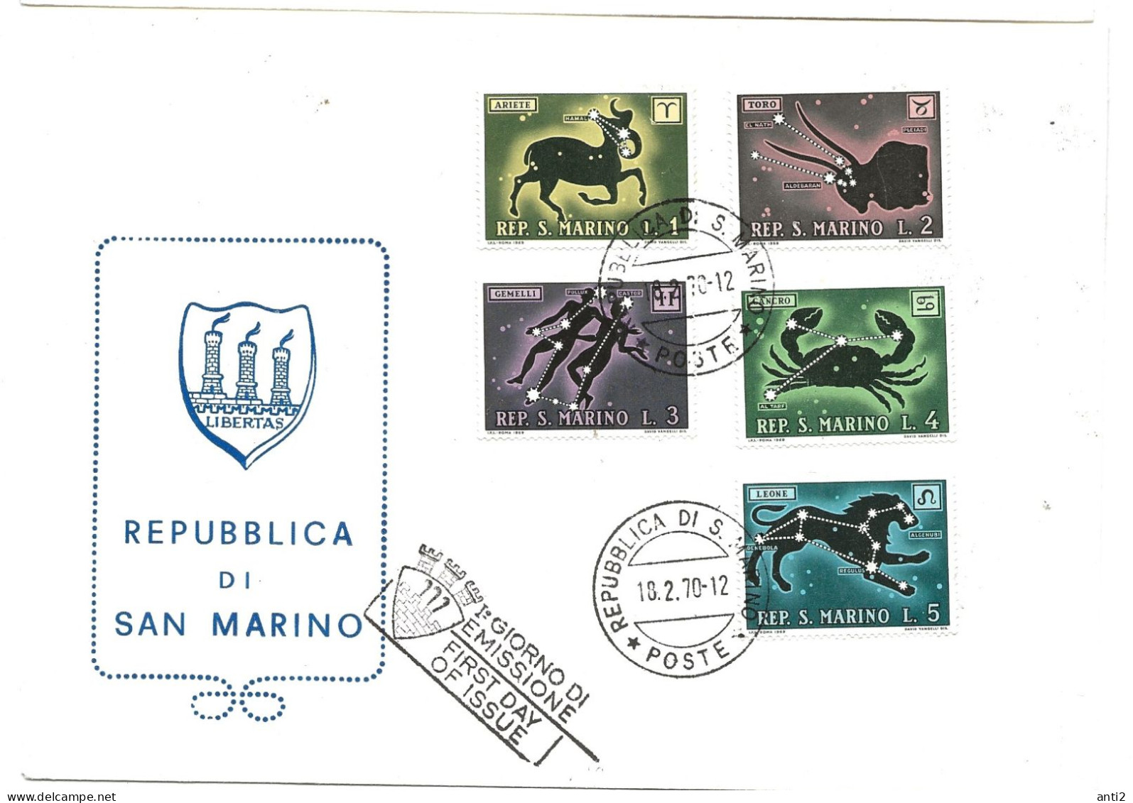 San Marino 1970 Zodiac Signs  - Half The Set.  Mi  FDC - FDC