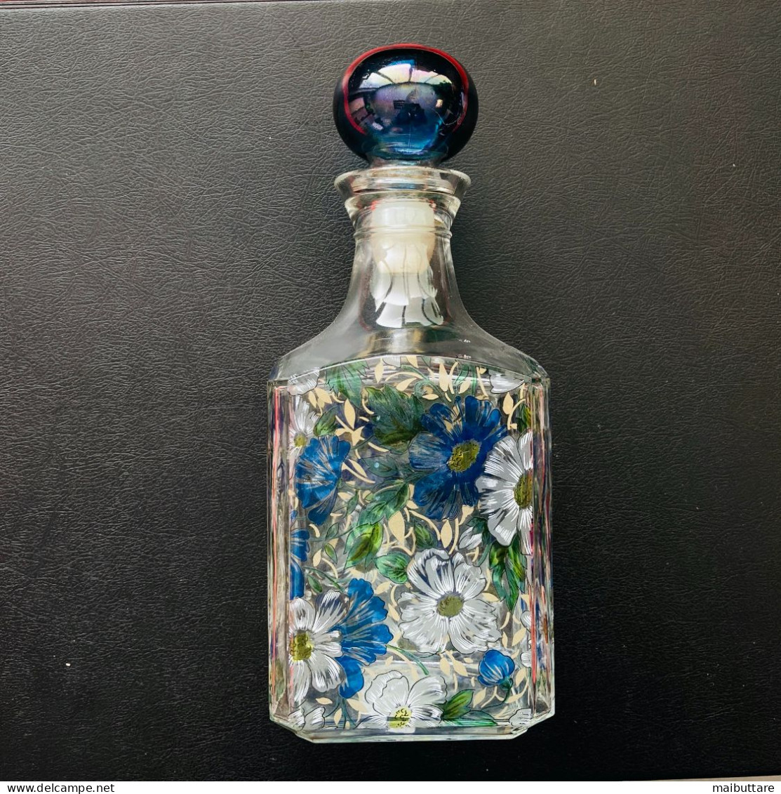 Bottiglia Con Tappo Sferico In Vetro Decorata Dipinta A Mano Motivi Floreali - Vintage - Otros & Sin Clasificación