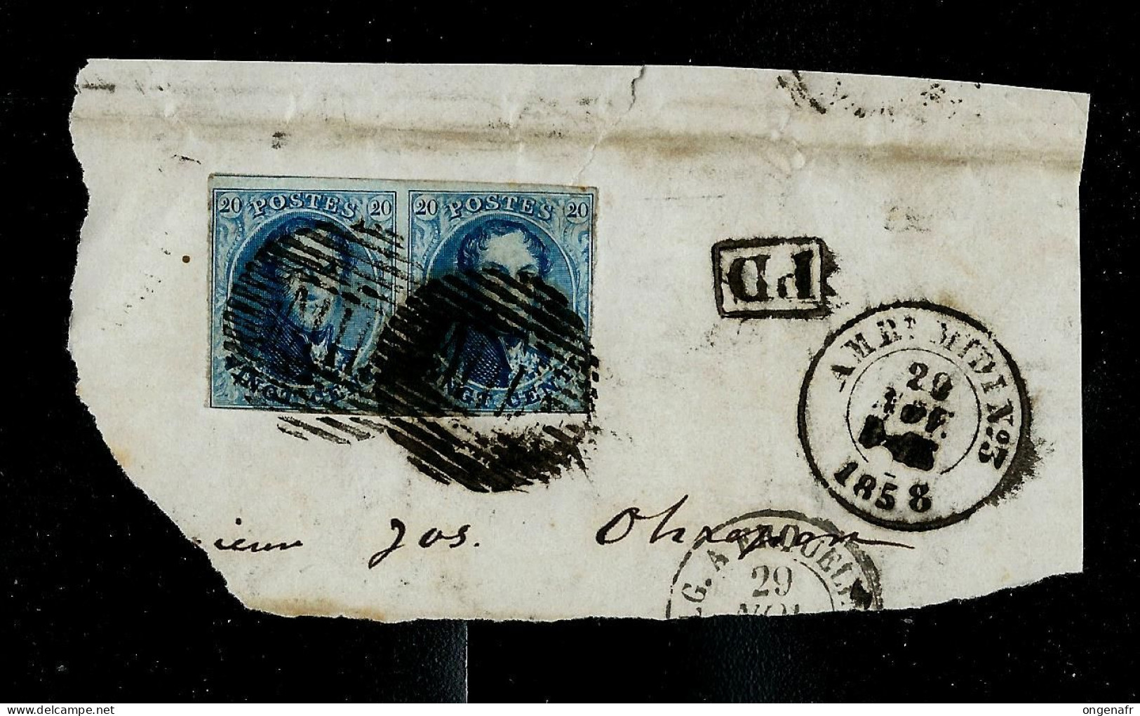 Doc. ( Devant)  Paire N° 11A  Obl. M III ( Midi III, Bruxelles - Quiévrain ) + Ambt Midi N° 3 20/11/1858 + Griffe PD - 1858-1862 Médaillons (9/12)