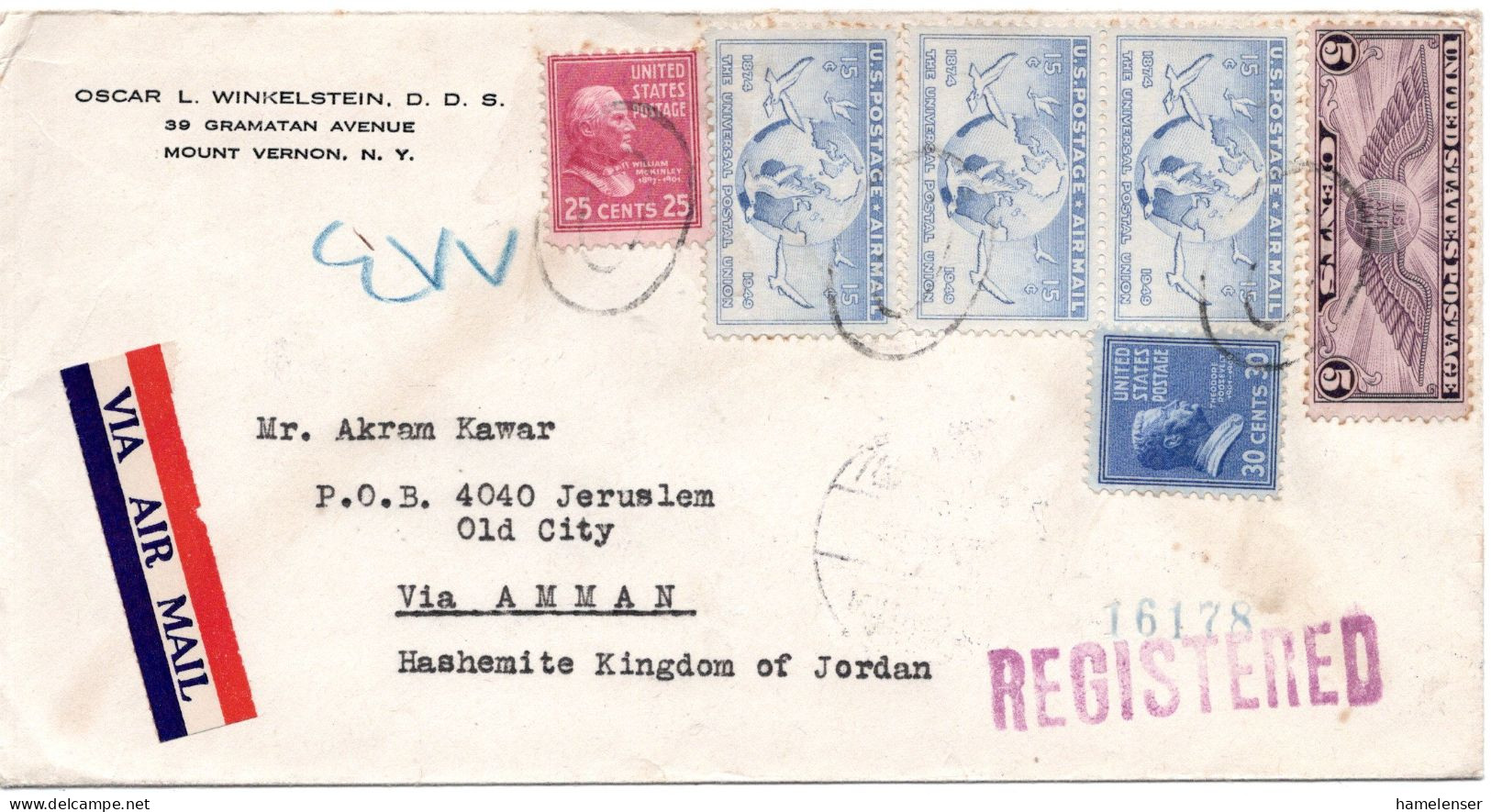 77228 - USA - 1954 - 30¢ Prexie MiF A R-LpBf MOUNT VERNON, NY -> JERUSALEM CITADEL (Jordanien) - Brieven En Documenten