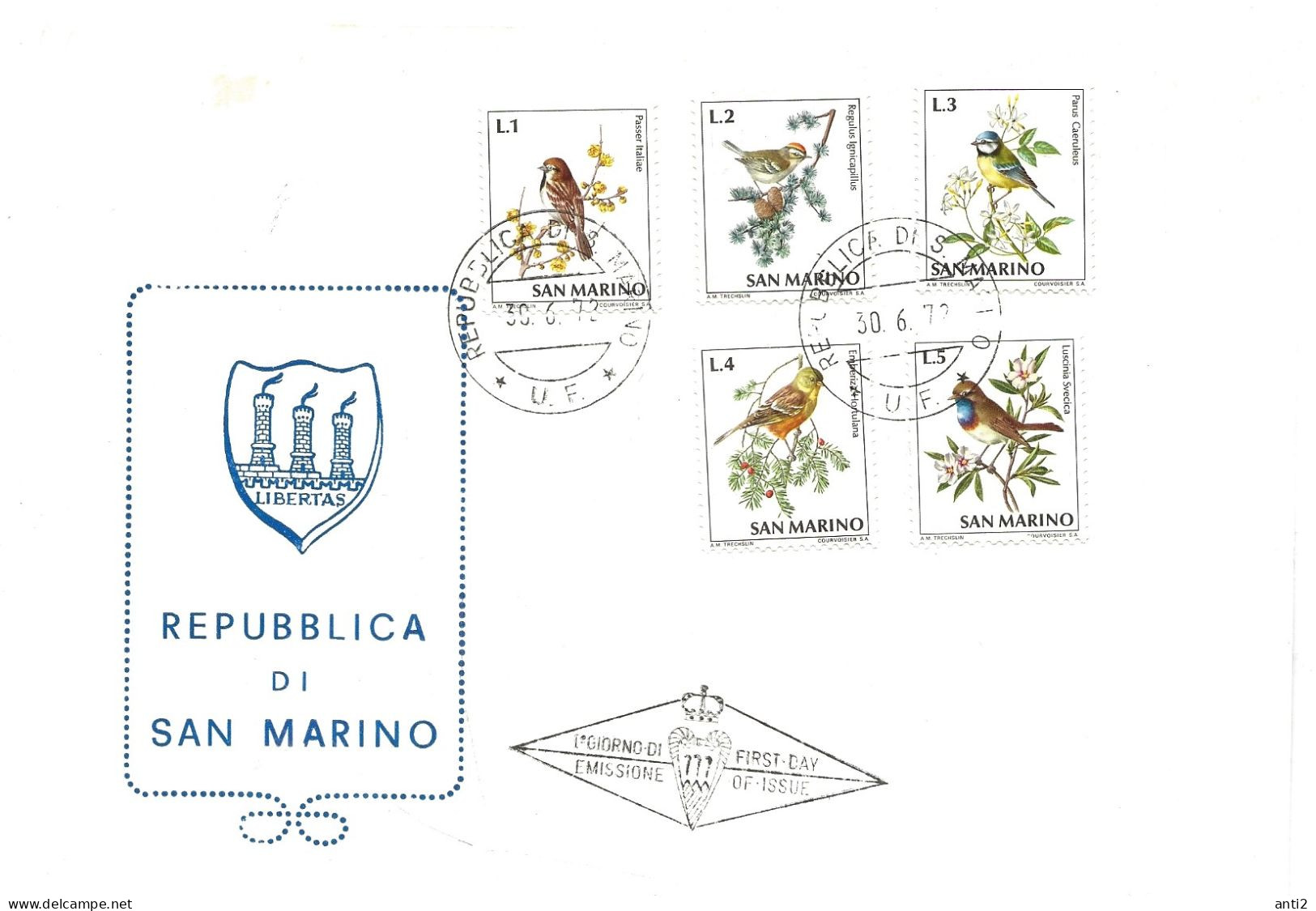 San Marino 1972 Birds- Half The Set.  Mi 1003-1007  FDC - FDC