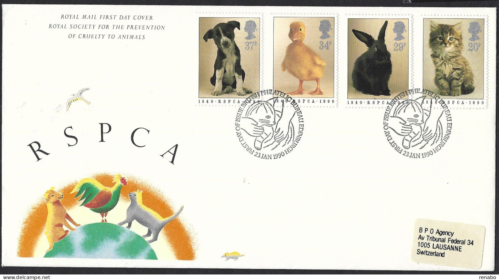 Great Britain, Gran Bretagna 1990; Baby Animals: Cat, Dog, Rabbit, Duck; FDC Canceled With Cat. RSPCA - Chats Domestiques