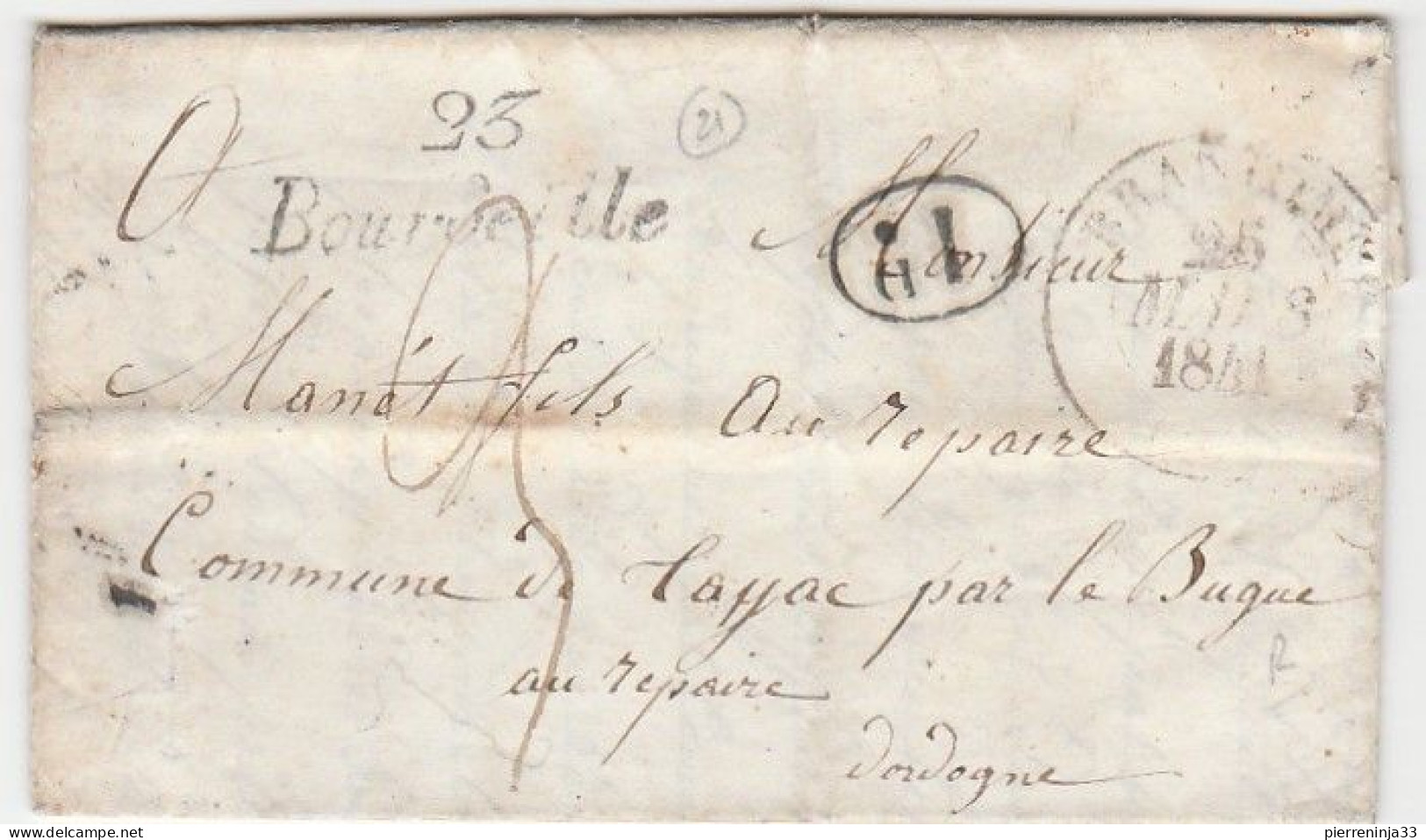 Lettre Avec Cursive "23 Bourdeille" , Cachet Brantôme, 1 Décime Noir, 1841, Dordogne - 1801-1848: Precursors XIX