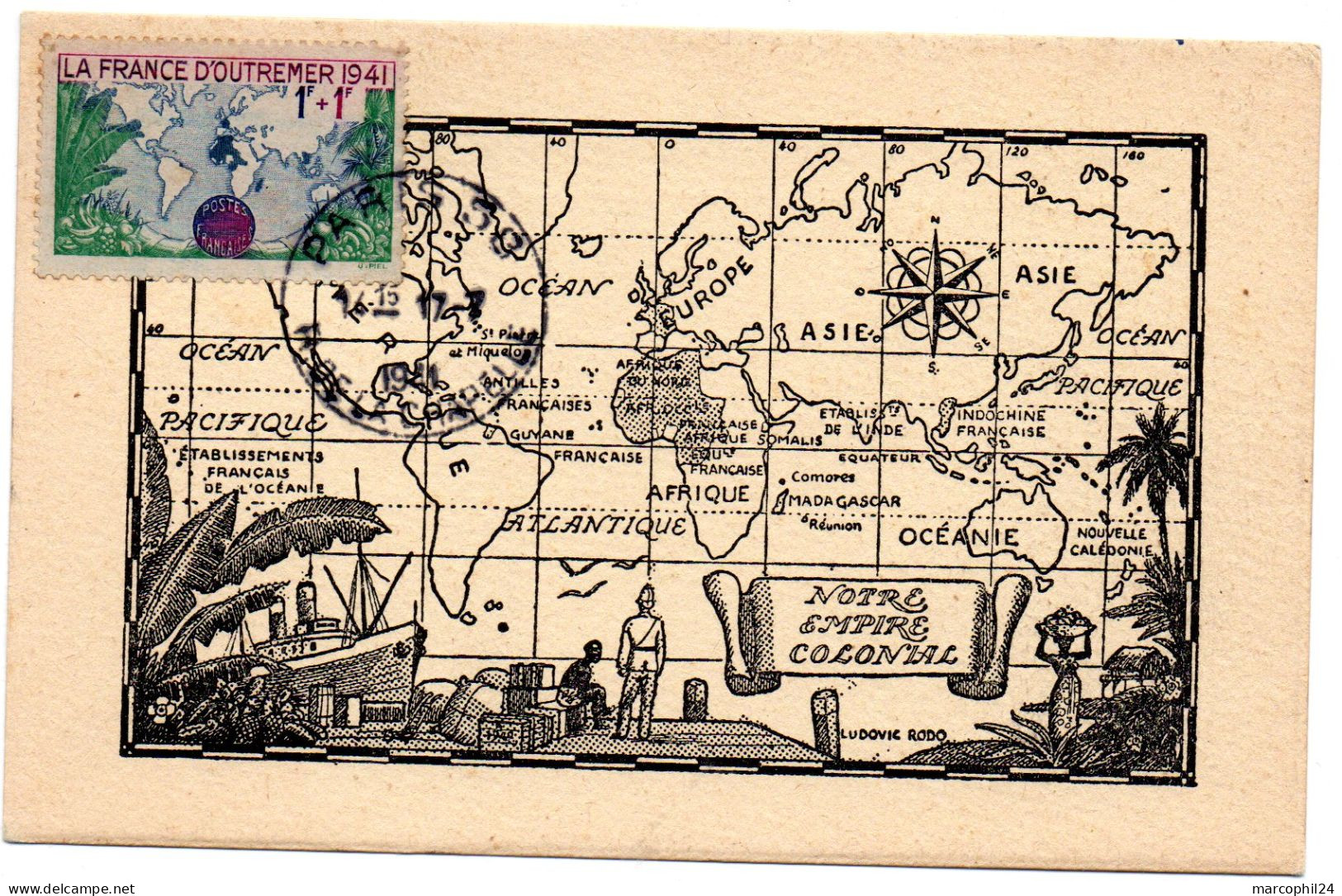 CARTE MAXIMUM FRANCE 1941 / PARIS  = CACHET HOROPLAN + N° 503 OUTREMER Sur Carte NOTRE EMPIRE COLONIAL - 1940-1949