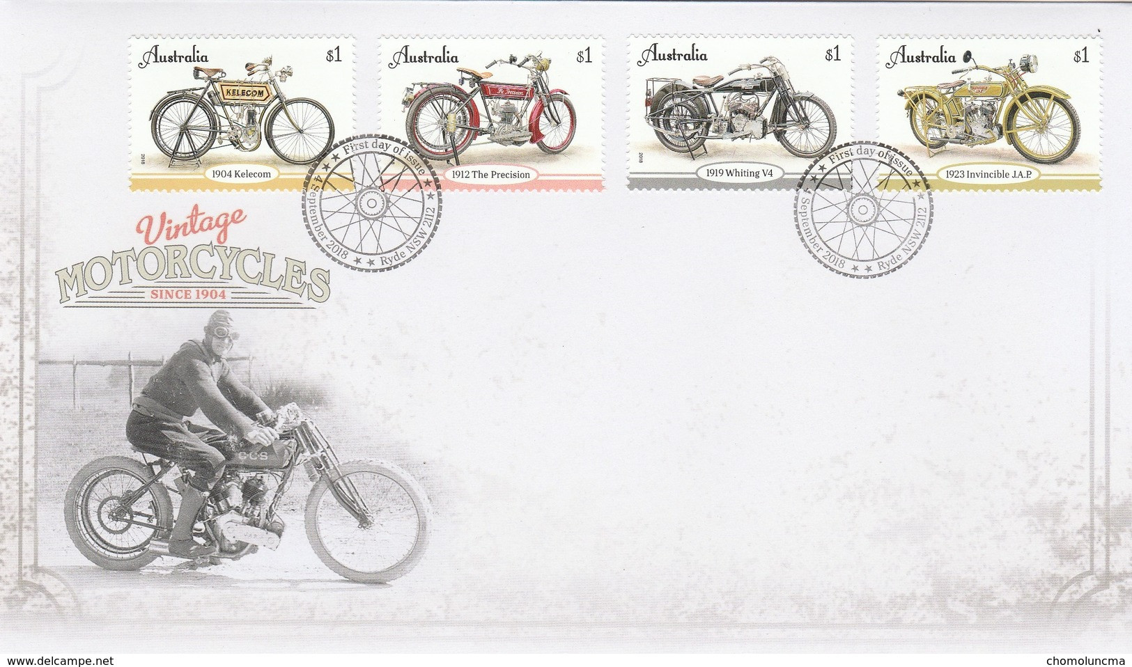 Moto Motorbike Motorcycling Motorrad Motocicletta FDC Kelecom 1904 Precision 1912 Whiting V4 1919 Invincible J.A.P. 1923 - Motorbikes