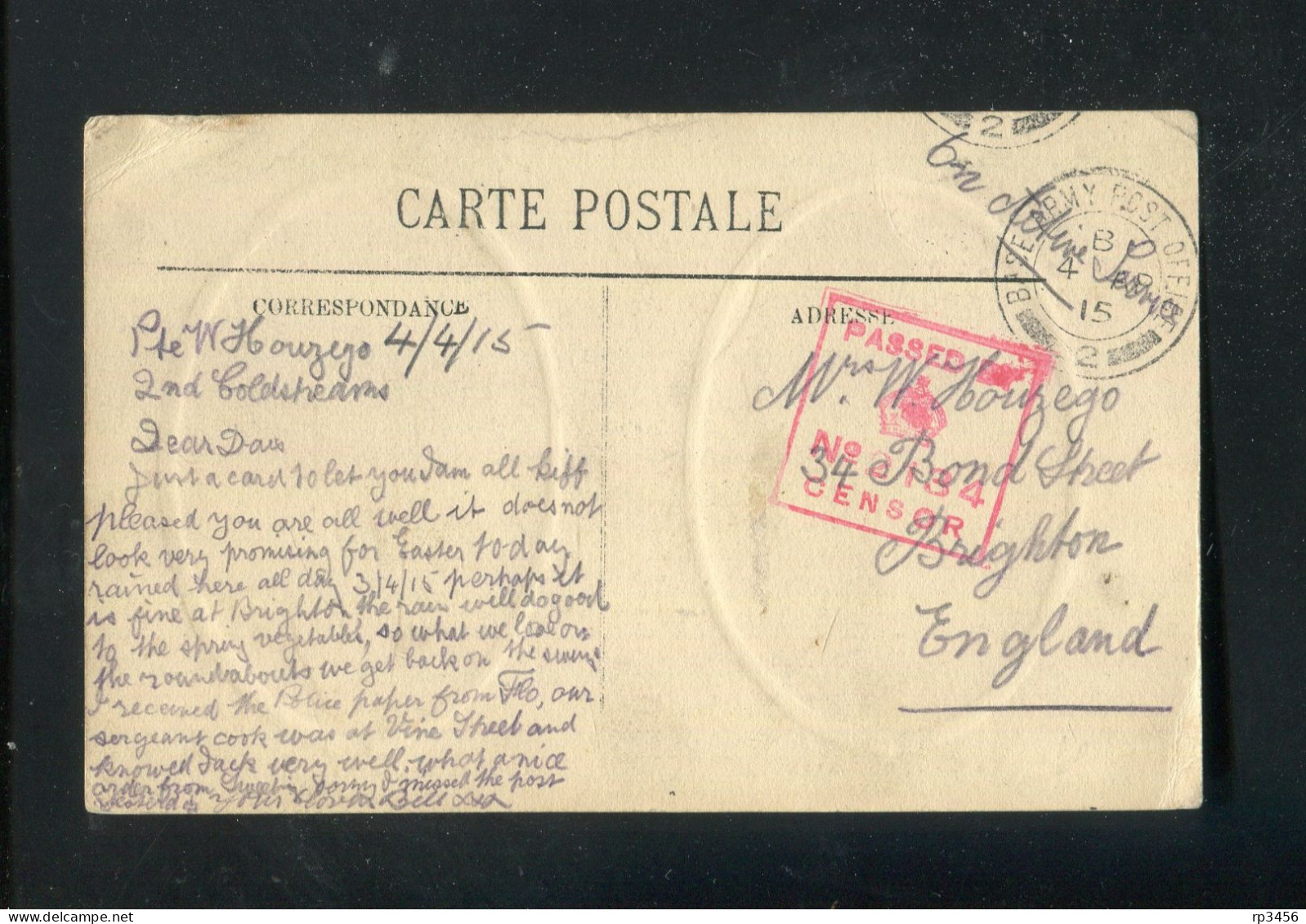 "FRANKREICH" 1915, AK Mit "ZENSUR" (roter Rahmenstempel "Passed Censor"), K2 "BASE ARMY POSTOFFICE" (R1096) - Cartas & Documentos