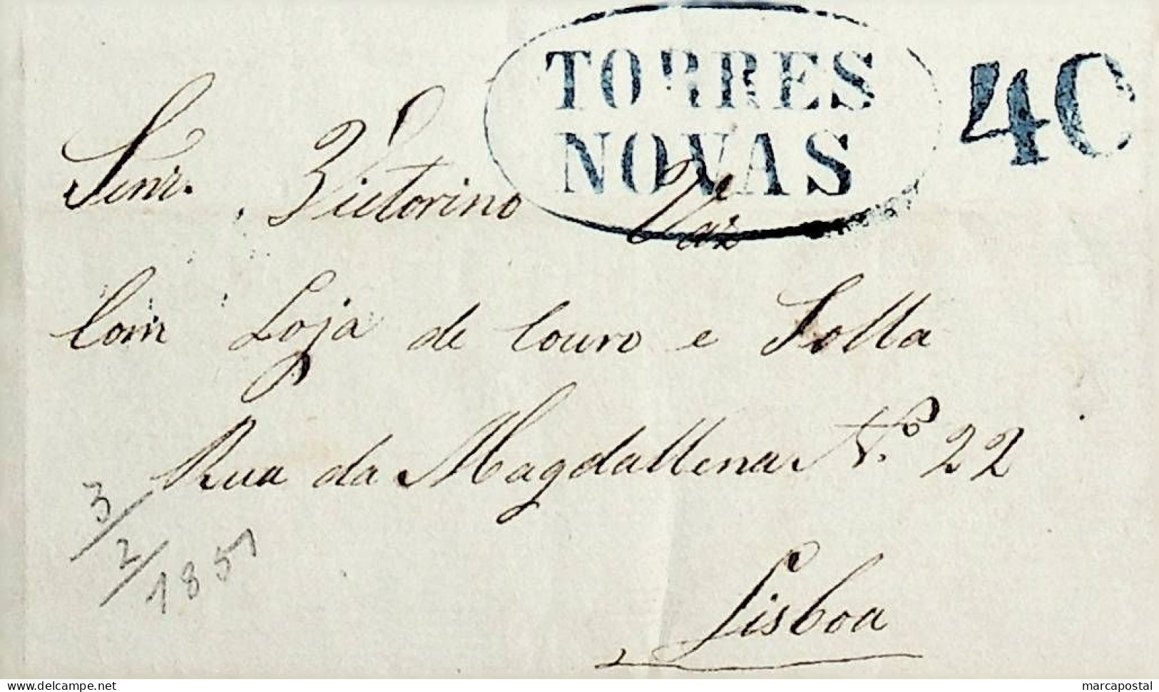 1851 Portugal Carta Pré-Filatélica Torres Novas TNV 4 «TORRES NOVAS» Azul - ...-1853 Prephilately