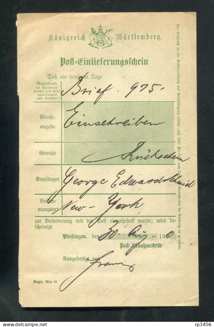 "WUERTTEMBERG" 1900, Postschein Ortsdruck "Plochingen" (R1097) - Briefe U. Dokumente