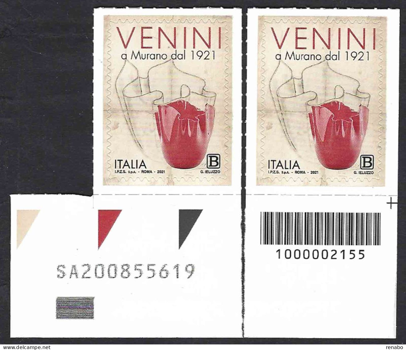 Italia 2021; Venini SpA Nel Centenario Della Fondazione: Francobollo Con Barra Destra + Codice Alfanumerico. - Barcodes