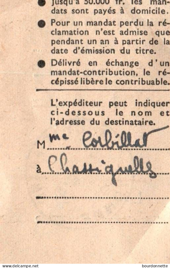 89 ANCY LE FRANC (yonne) Récépissé De Mandat Oblitéré Avec Un Cachet Pour CHASSIGNELLES - Covers & Documents