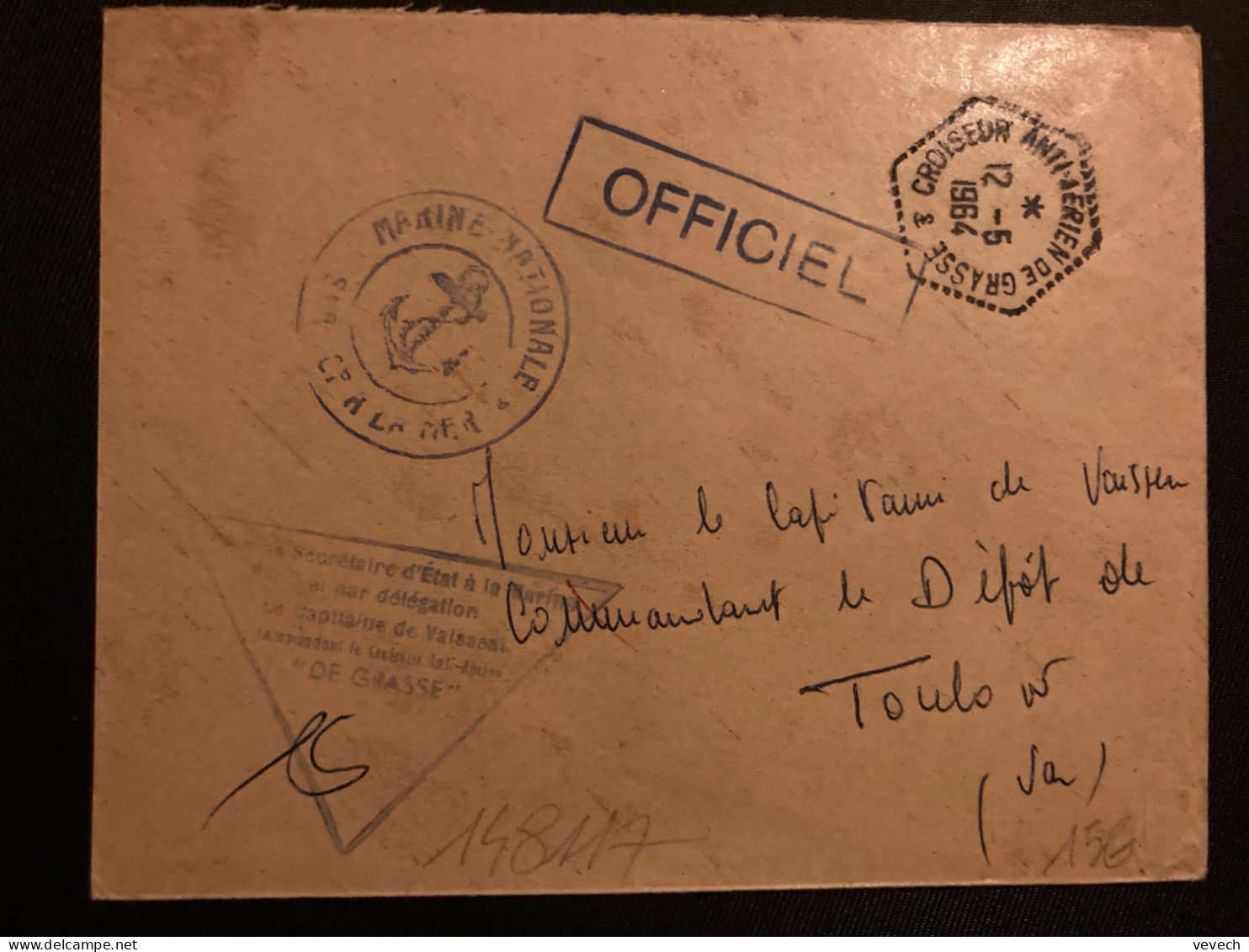 LETTRE OBL. HEXAGONALE Tiretée 12-5 1964 CROISEUR ANTI-AERIEN DE GRASSE - Naval Post