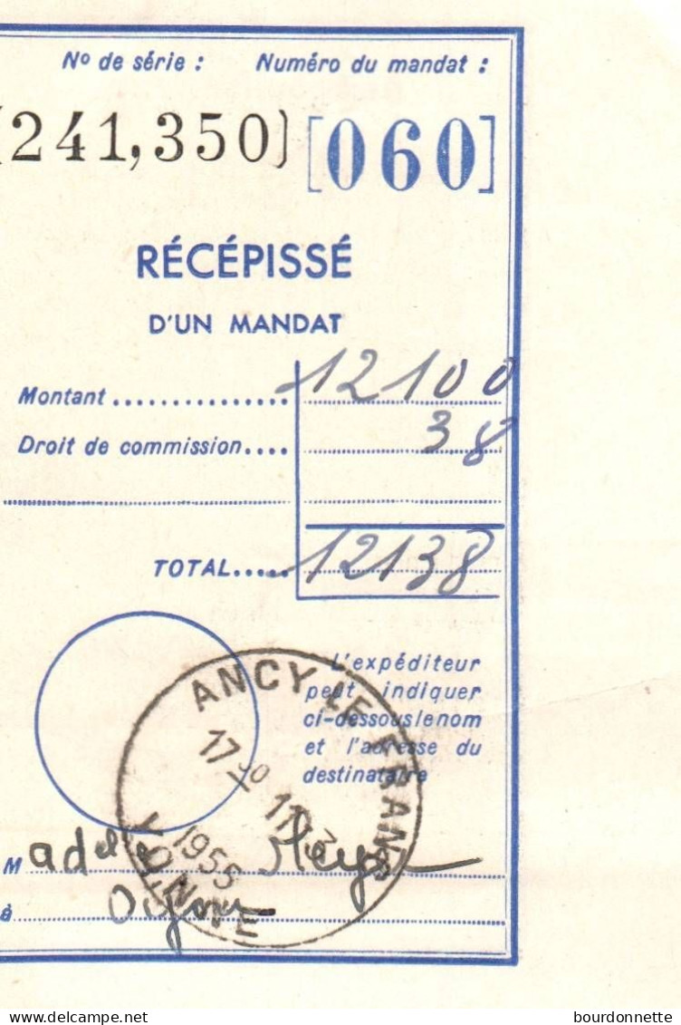 89 ANCY LE FRANC (yonne) Récépissé De Mandat Oblitéré Avec Un Cachet Pour DIJON - Covers & Documents
