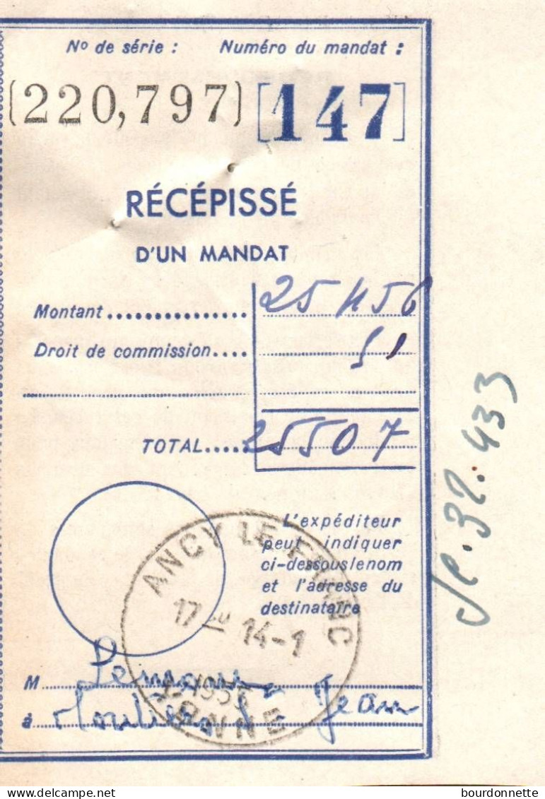 89 ANCY LE FRANC (yonne) Récépissé De Mandat Oblitéré Avec Un Cachet Pour MOUTIERS Saint Jean Cote D'or - Covers & Documents