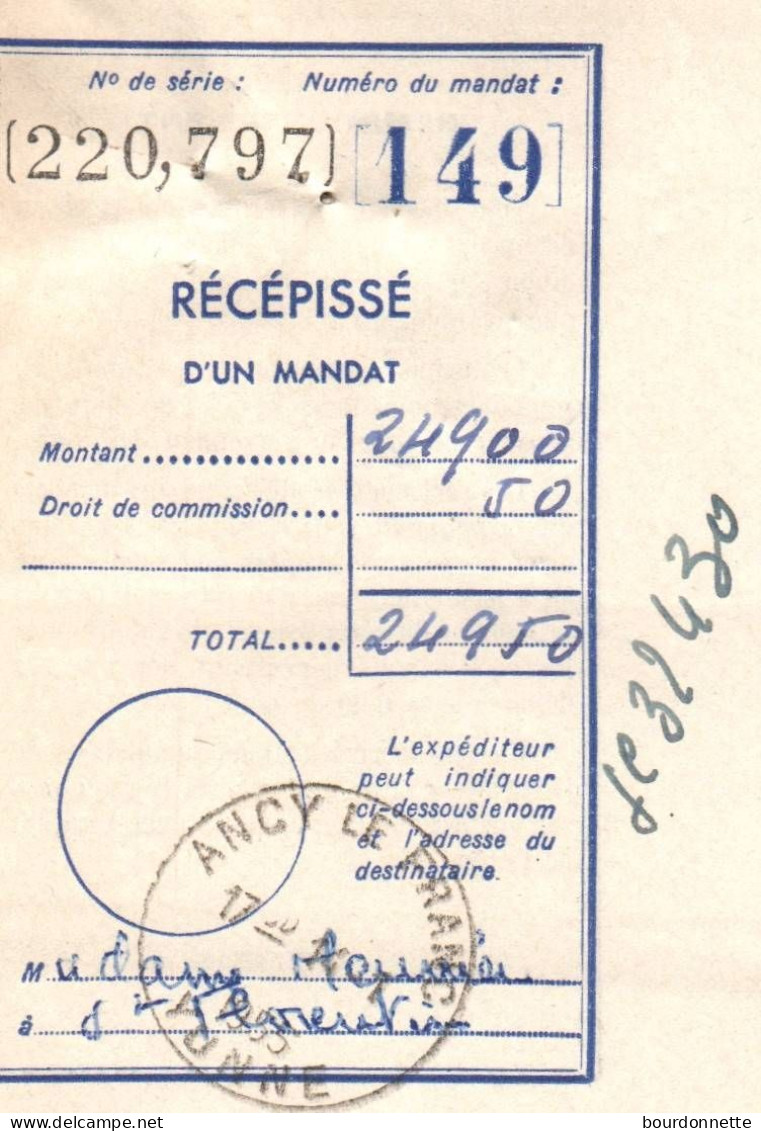 89 ANCY LE FRANC (yonne) Récépissé De Mandat Oblitéré Avec Un Cachet Pour SAINT FLORENTIN - Covers & Documents