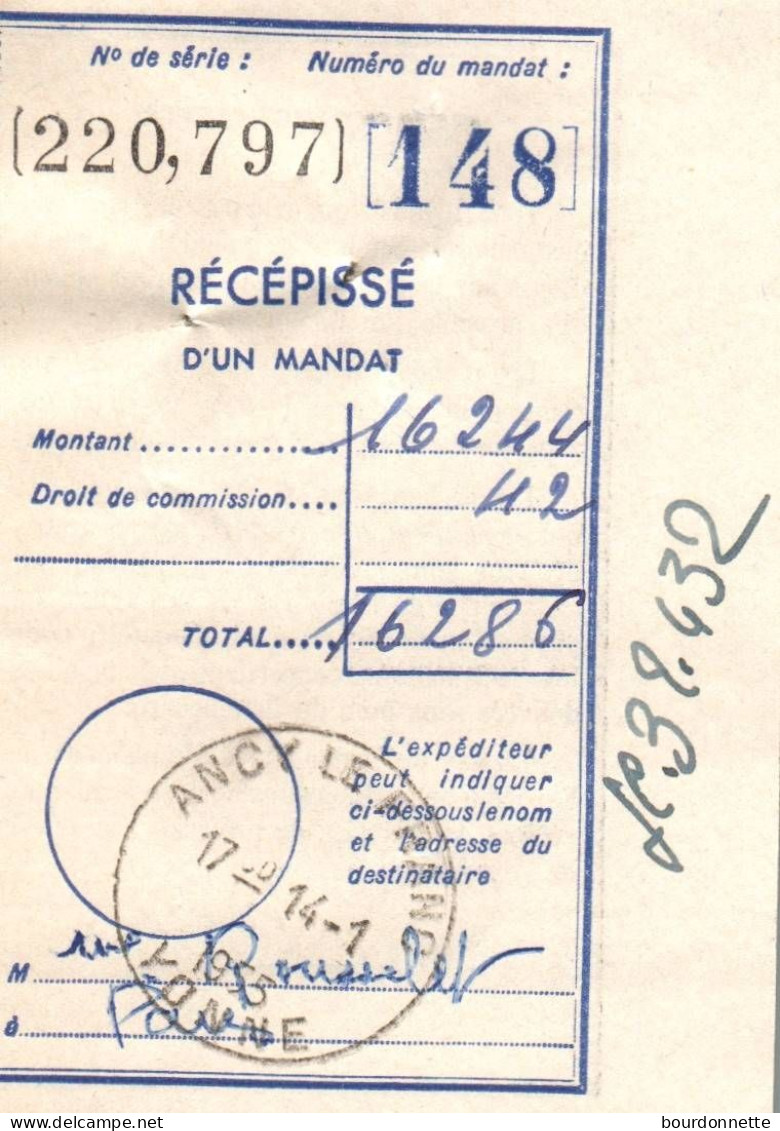 89 ANCY LE FRANC (yonne) Récépissé De Mandat Oblitéré Avec Un Cachet Pour PARIS - Covers & Documents