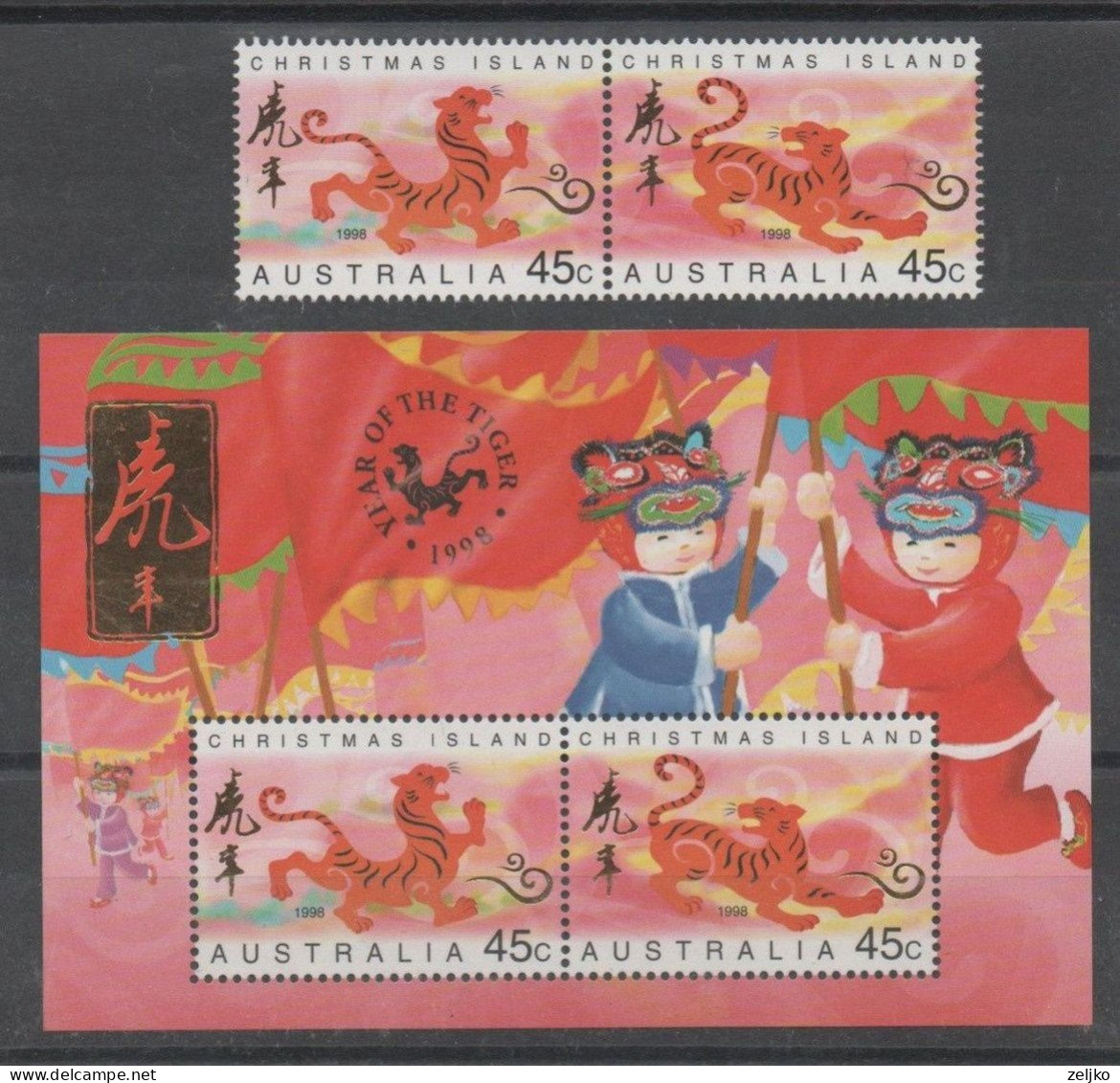 Christmas Island 1998, MNH, Michel 435 - 436, Bl 11, Year Of The Tiger, Se-tenant Pair - Christmaseiland