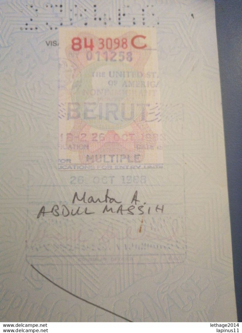 Lebanon Liban Passeport CONSULAT Tax REVENUE VISA USA 1991 VERY FINE Xxxx Rare - Libanon