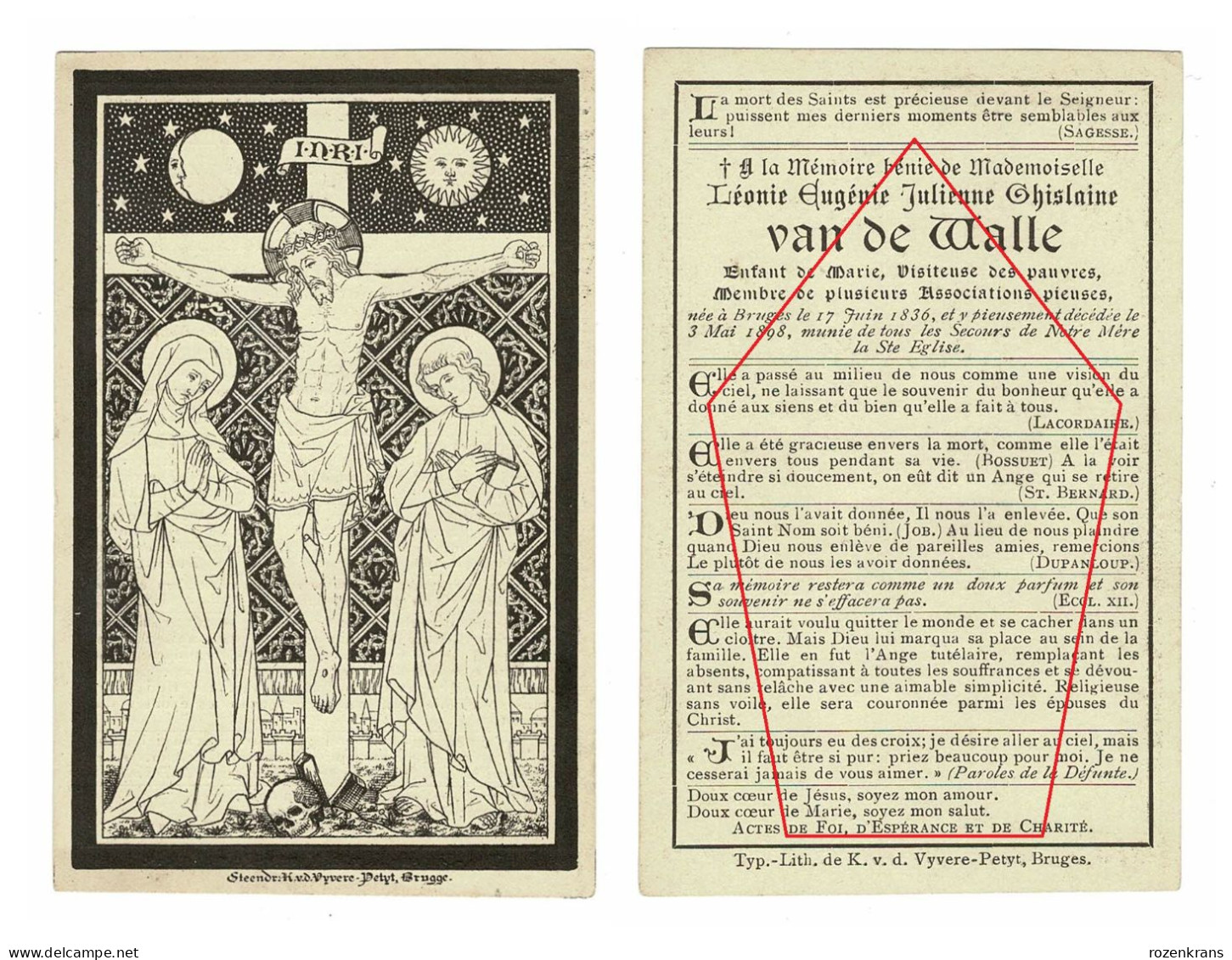 Leonie Van De Walle Brugge Bruges 1898 Van De Vyvere Petyt Litho Zeer Oud Doodsprentje Bidprentje - Obituary Notices