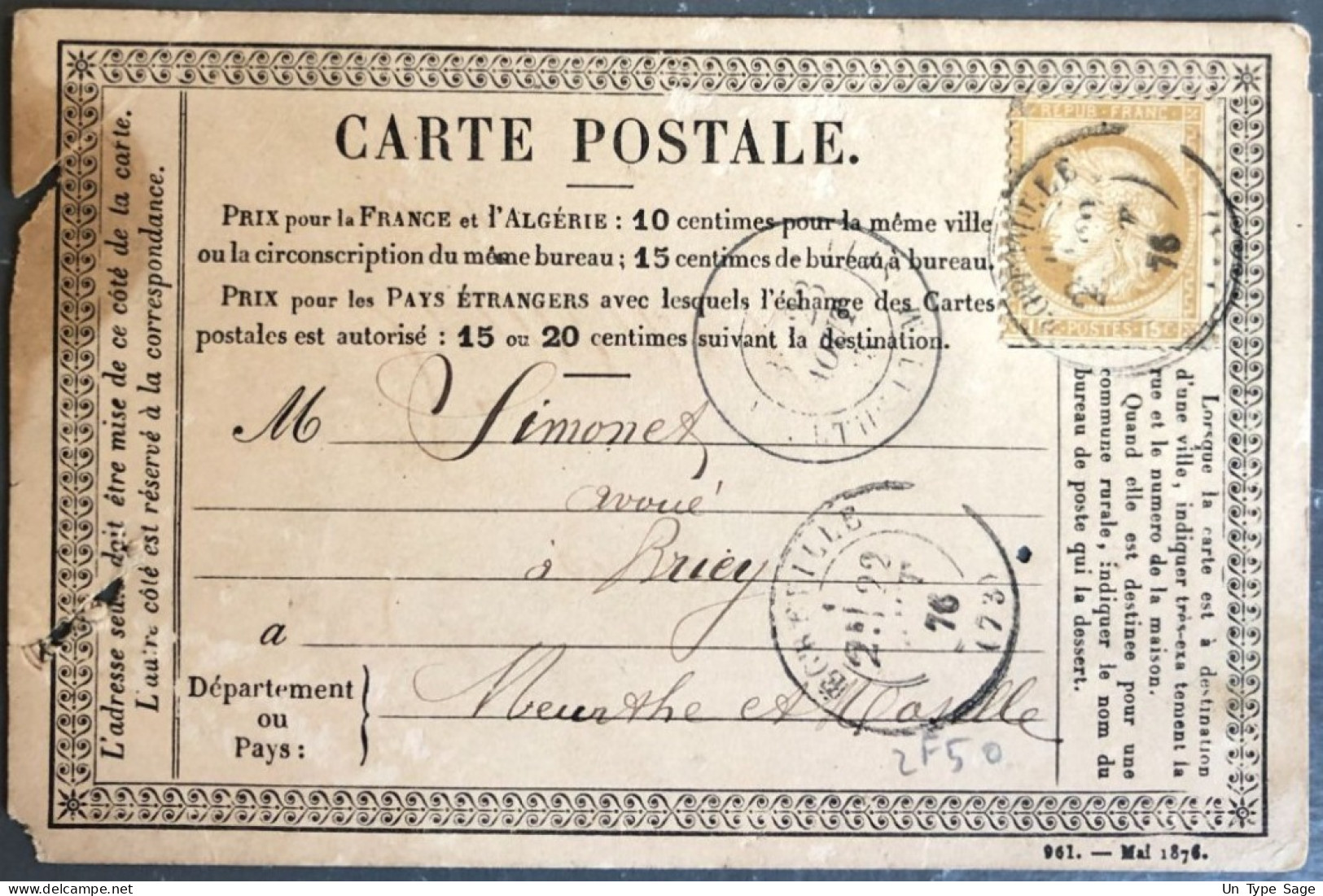 France, N°55 Sur Carte Précurseur D'Égreville 22.9.1876 - (B2666) - 1849-1876: Classic Period