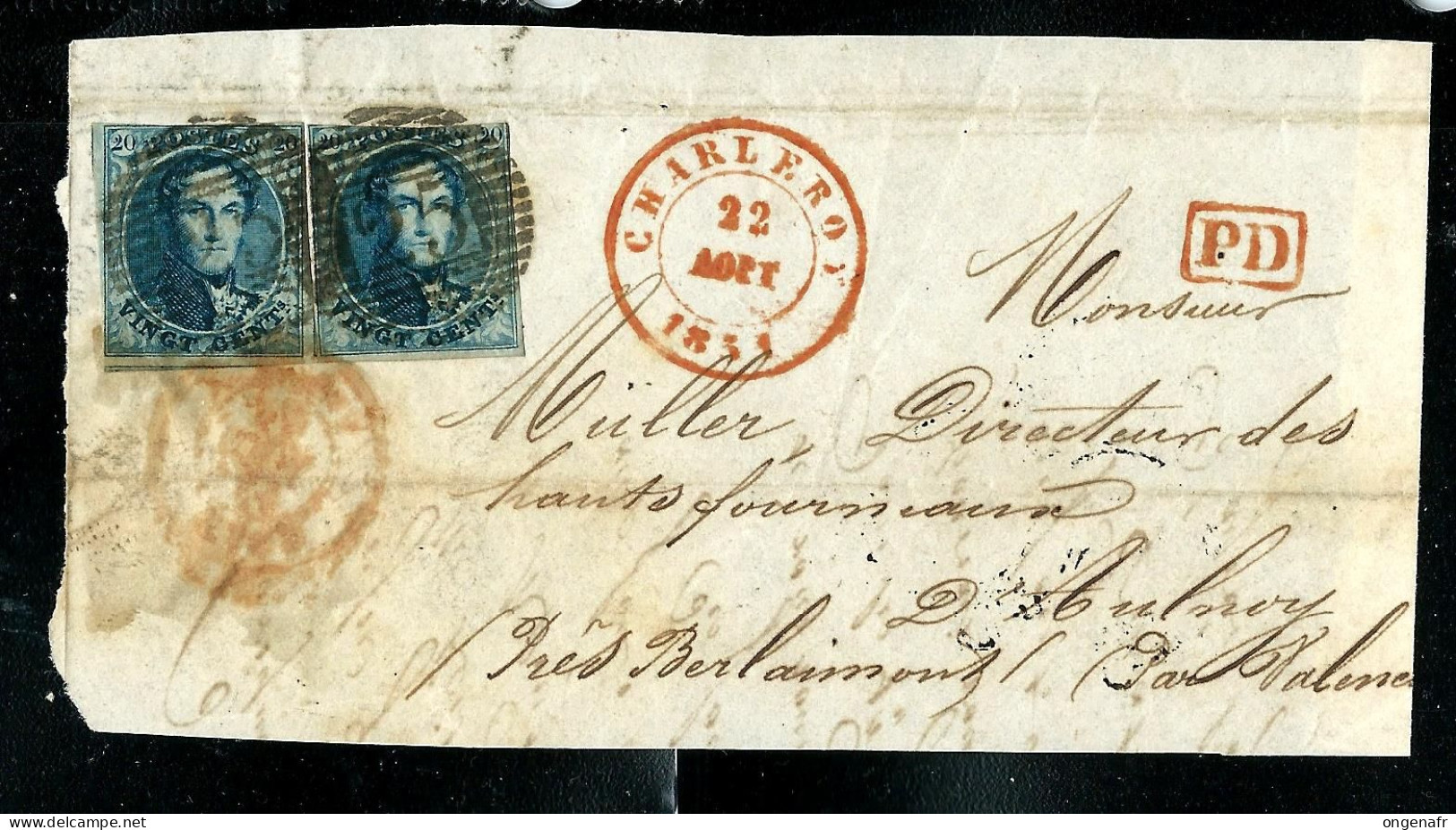 Doc. ( Devant)  2 X N° 7A ( Papier épais )  Obl; CHARLEROY 22/08/1851 En Rouge + Griffe PD - 1851-1857 Medallions (6/8)