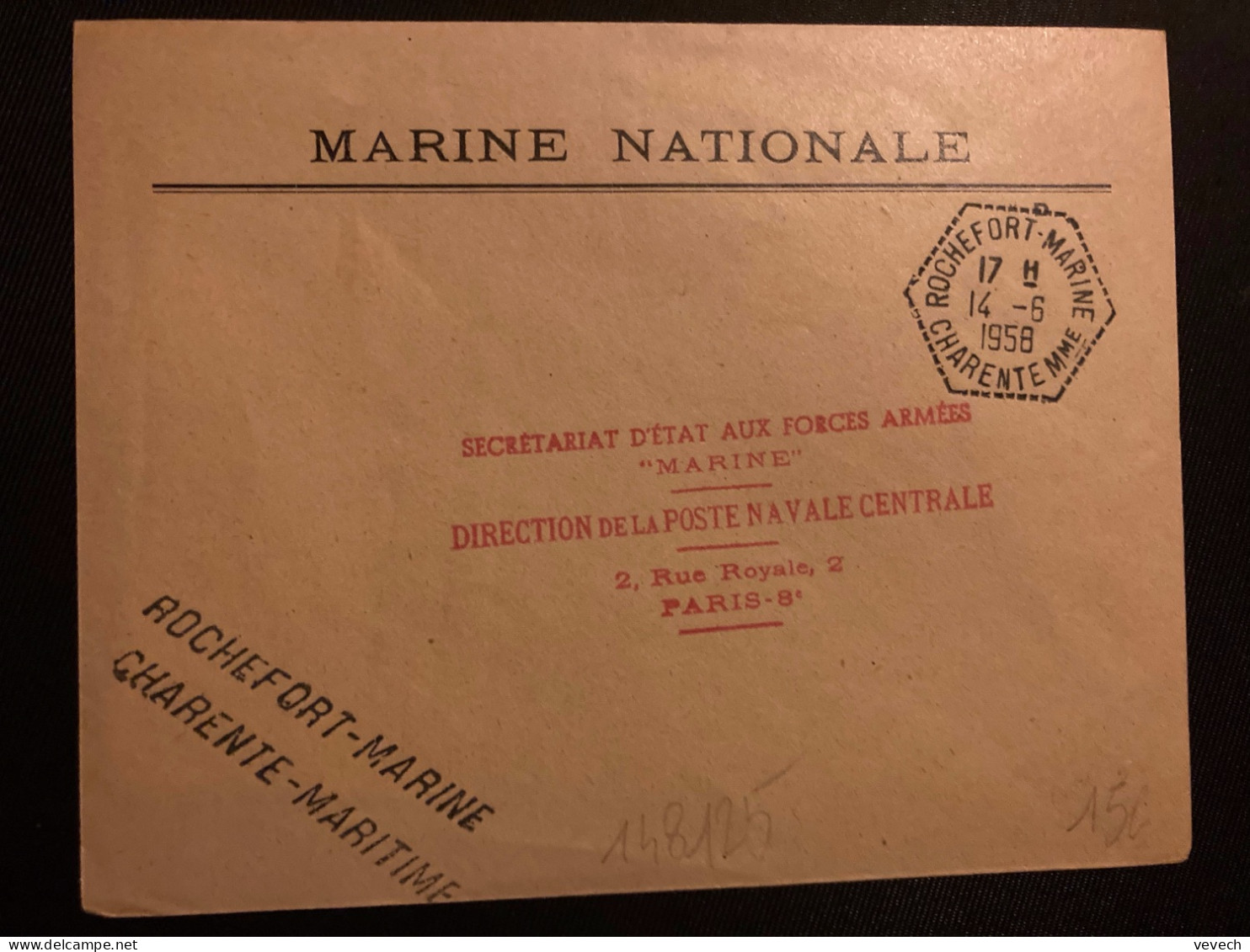 LETTRE MARINE NATIONALE OBL. HEXAGONALE Tiretée 14-6 1958 ROCHEFORT-MARINE CHARENTE MME  (17) + GRIFFE - Naval Post