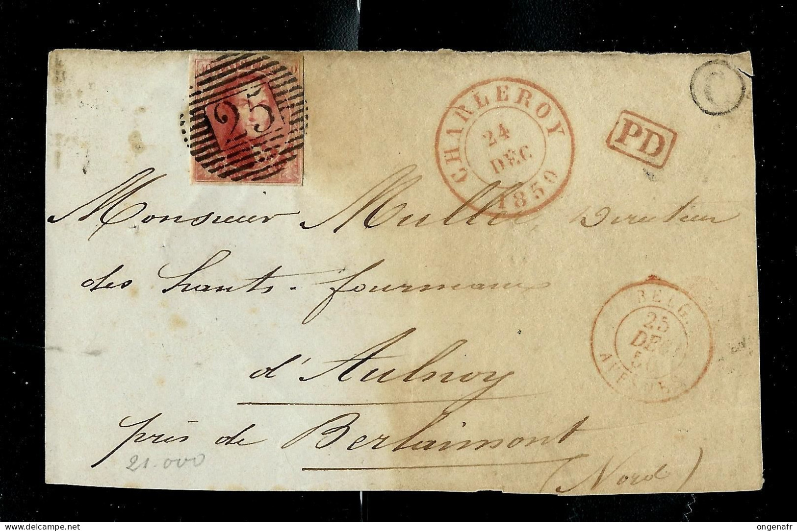Doc. ( Devant) N° 5A ( Papier épais) Obl. CHARLEROY 24/12/1850  En Rouge + Griffe PD Et Passage: Belg - Avesnes - 1849-1850 Medaillen (3/5)
