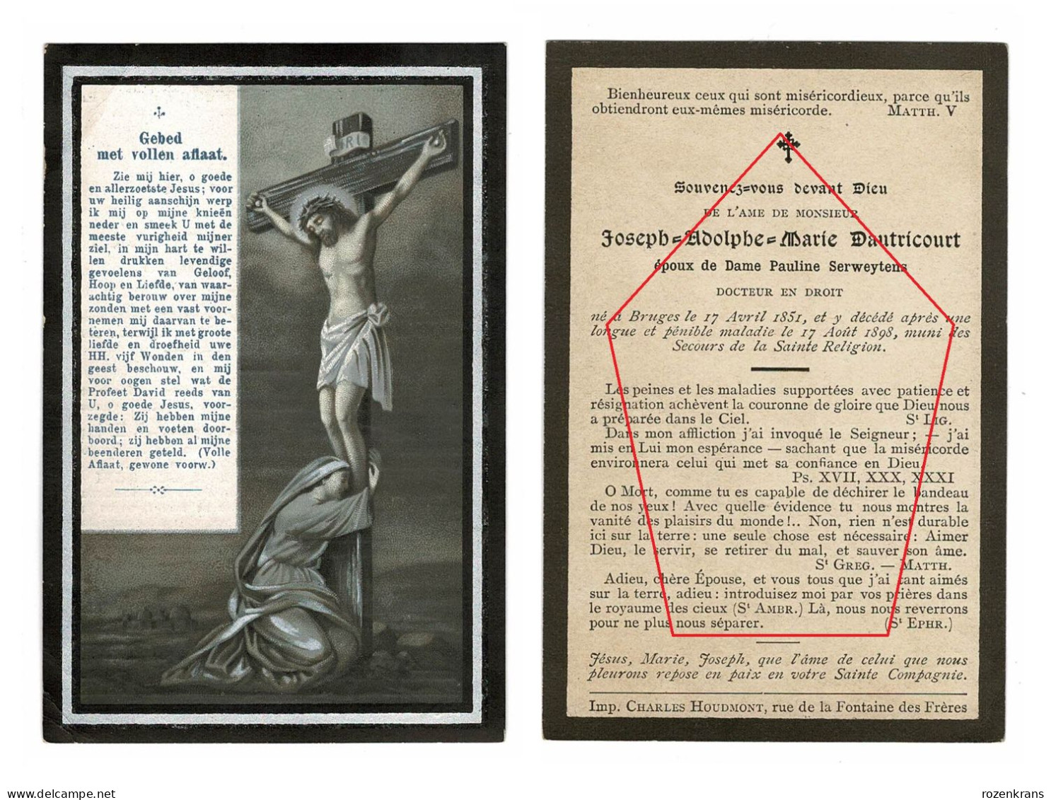 Joseph Dautricourt Pauline Serweytens Brugge Bruges Charles Haudmont 1898 Litho Zeer Oud Doodsprentje Bidprentje - Obituary Notices