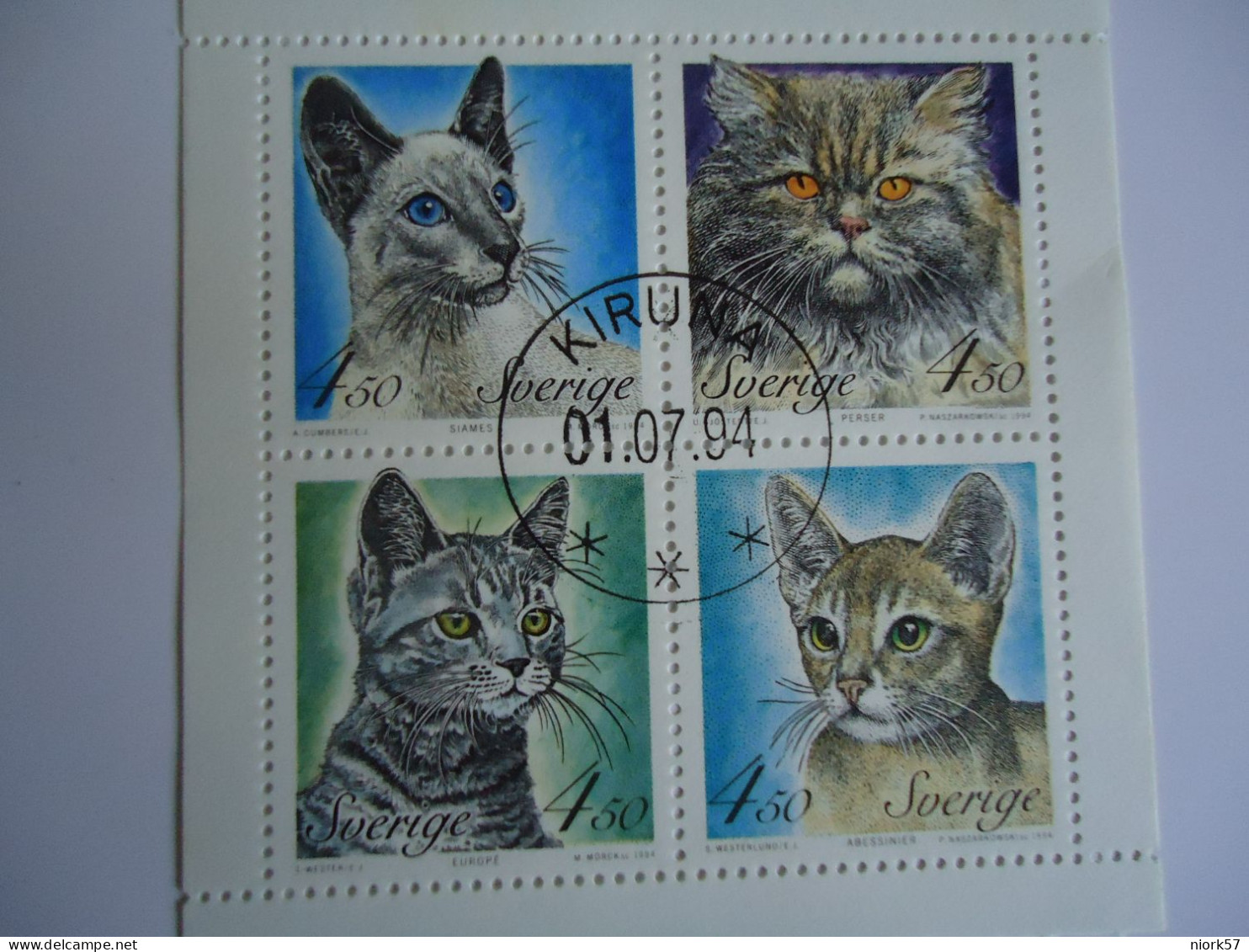 SWEDEN USED   BLOCK  OF 4   STAMPS   CATS WITH POSTMARK - Domestic Cats