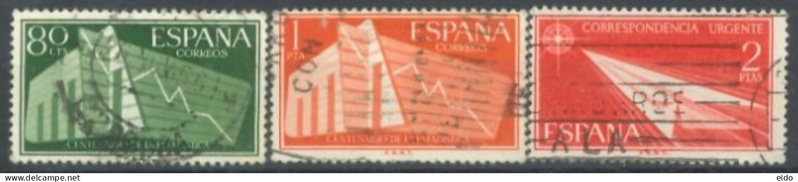 SPAIN,  1956, STATICAL CHART & FLIGHT STAMPS SET OF 3, # 854/55, & E21, USED. - Used Stamps