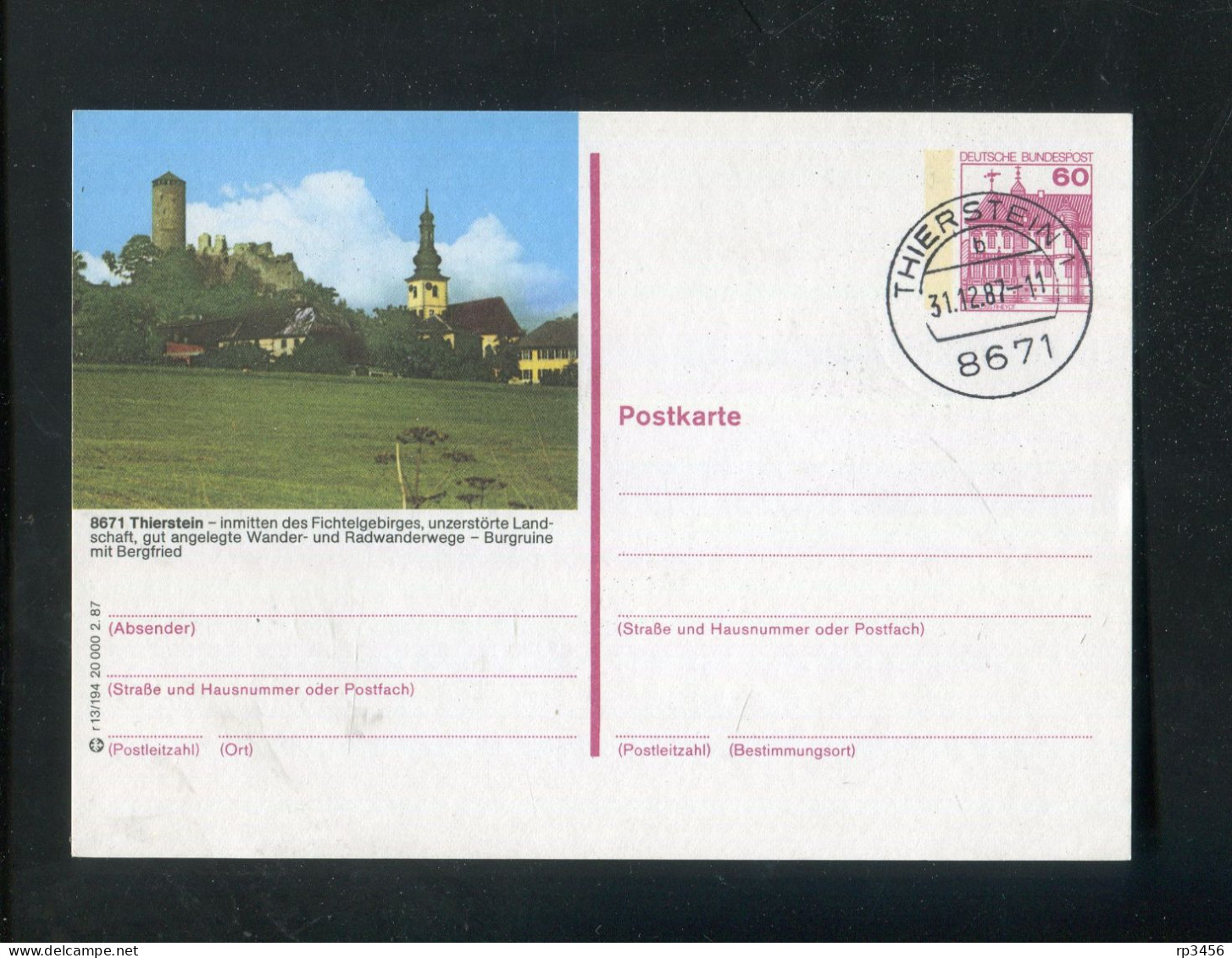 "BUNDESREPUBLIK DEUTSCHLAND" 1987, Bildpostkarte Mit Bildgleichem Stempel Ex "THIERSTEIN" (R1110) - Illustrated Postcards - Used