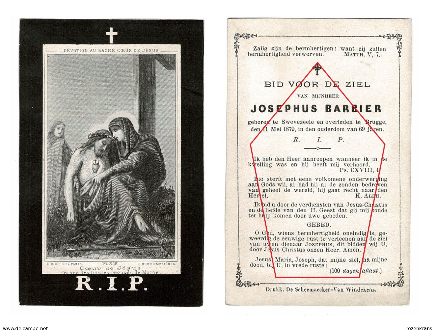 Josephus Barbier Zwevezele 1879 De Scheemaecker Van Windekens Dopter Paris Litho Zeer Oud Doodsprentje Bidprentje - Obituary Notices