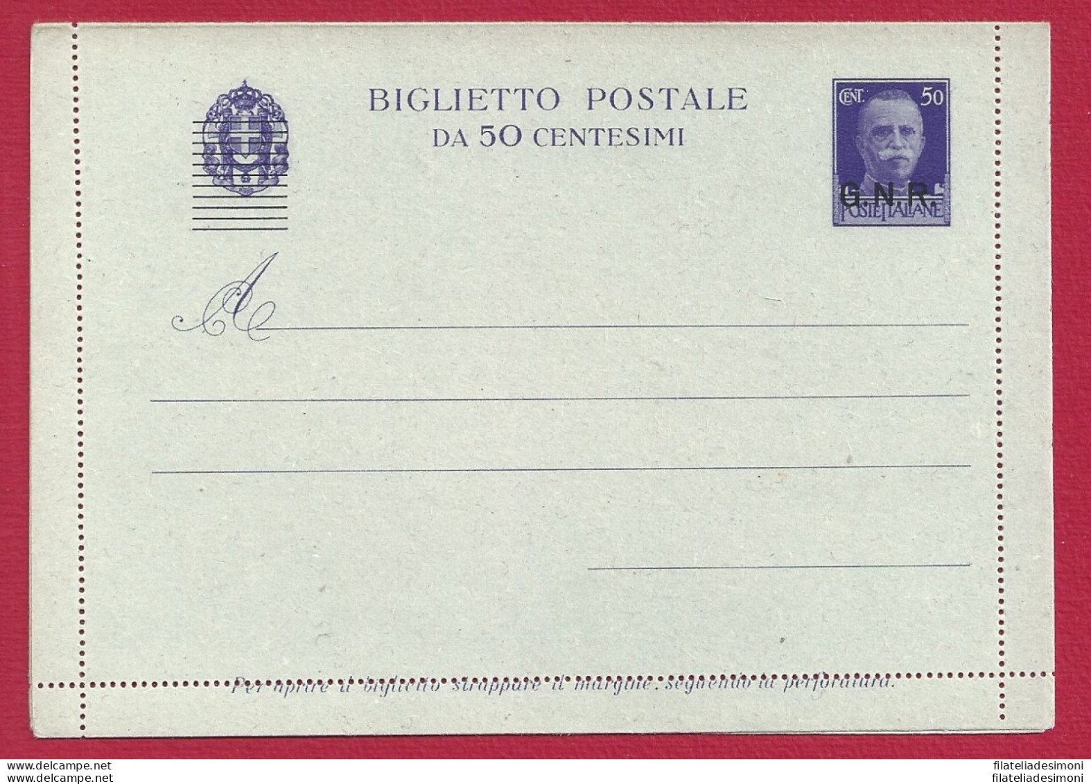 1944 RSI - B 34 - Cent. 50 Violetto GNR Sovrastampa BASSA NUOVO - Entero Postal