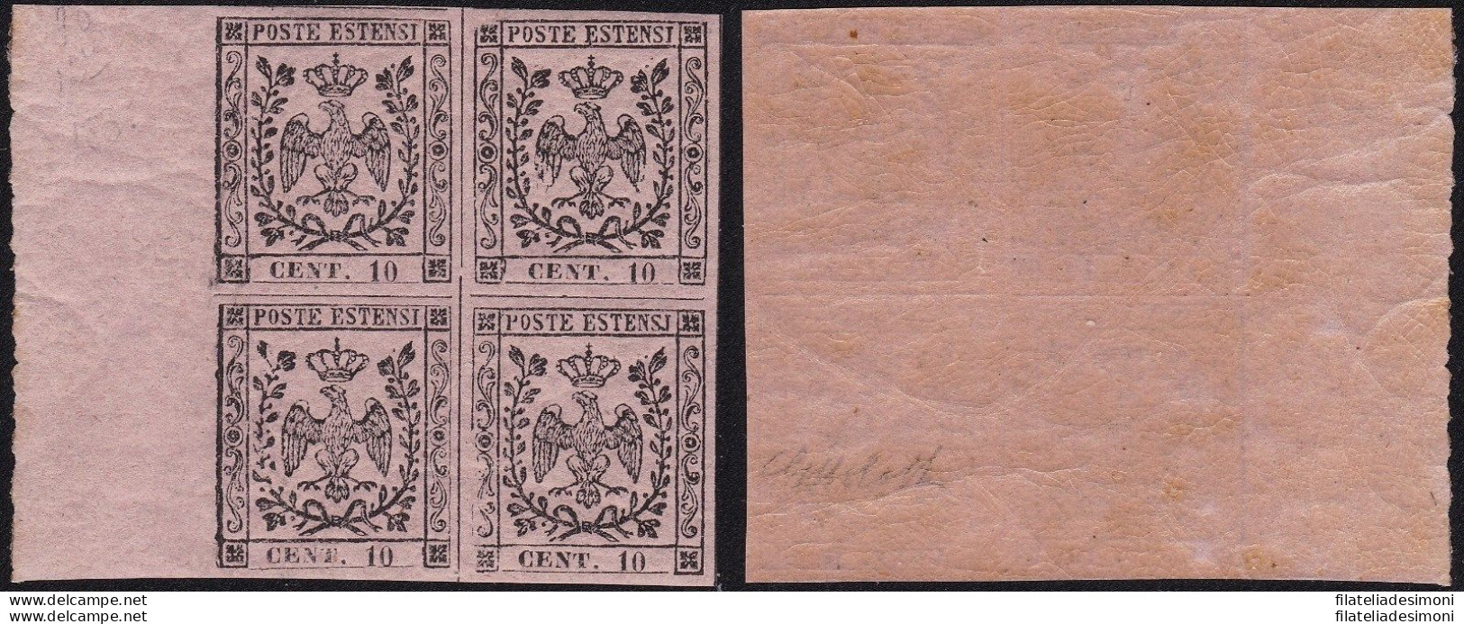 1852 MODENA, N° 2 10 Cent. Rosa  QUARTINA BORDO DI FOGLIO MNH/** Cert. Bolaffi - Modena