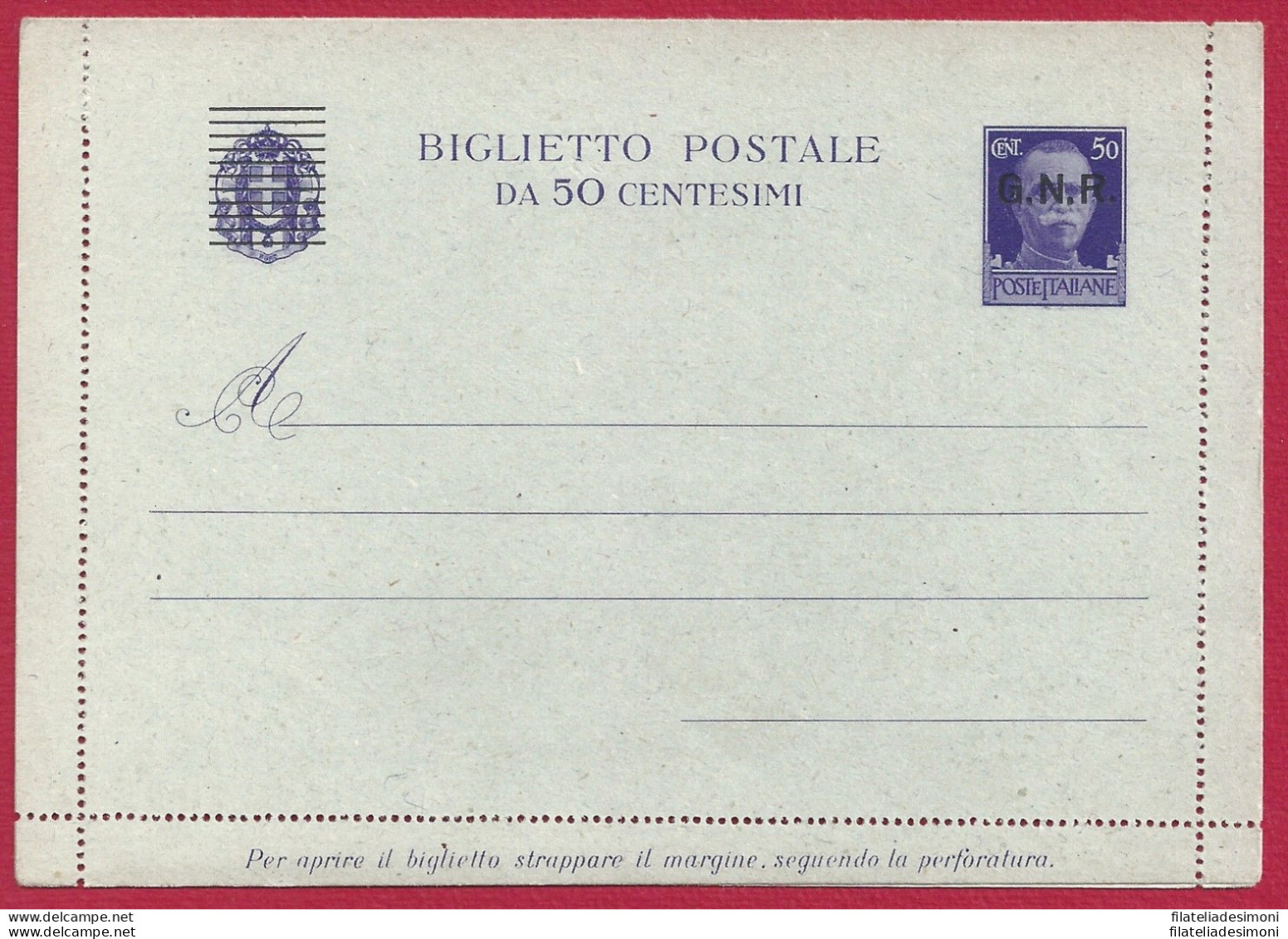 1944 RSI - B 34a - Cent. 50 Violetto GNR   Punto Dentro G NUOVO - Stamped Stationery